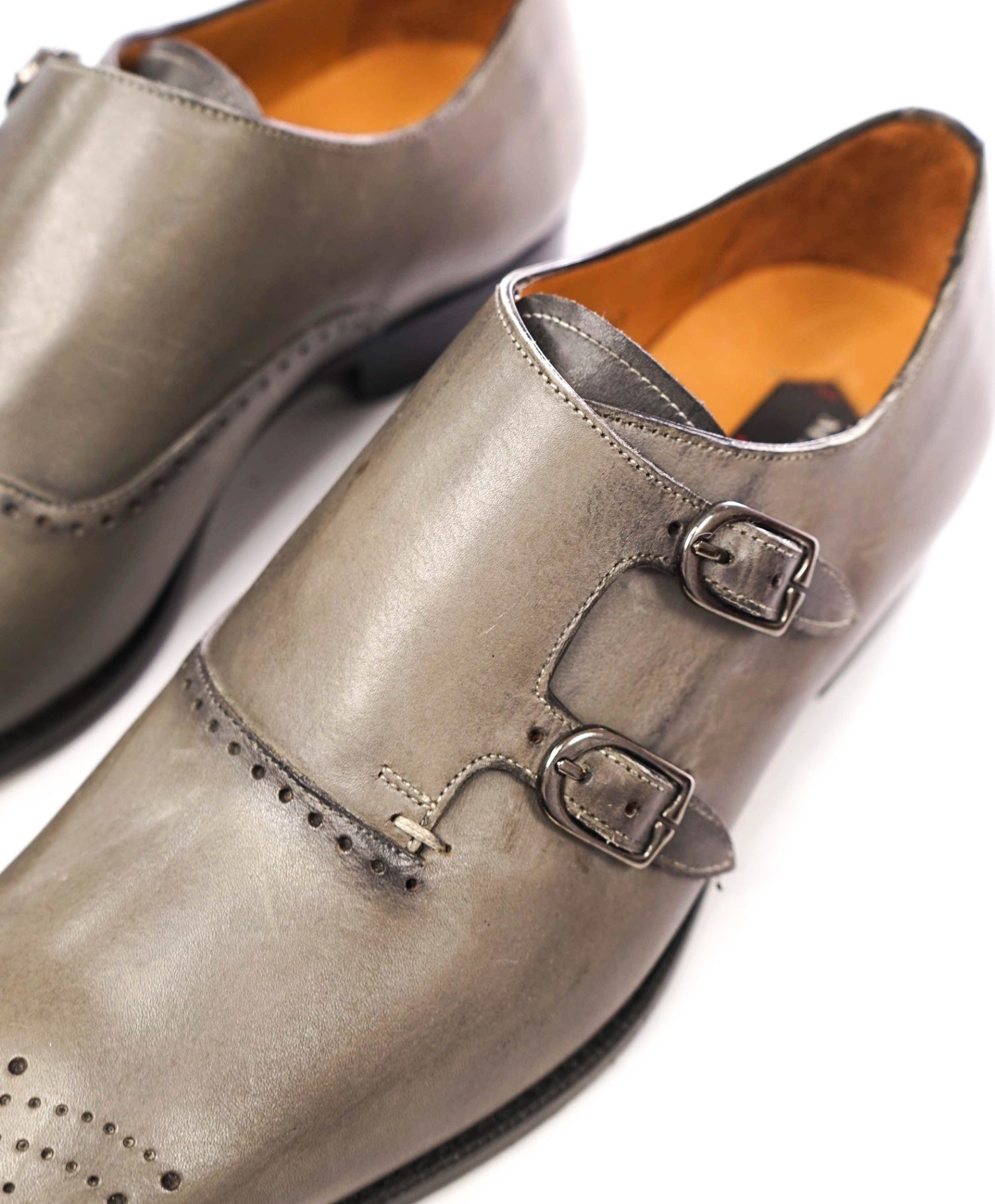 $500 MEZLAN - Gray Leather Double Monk Straps - 11 M