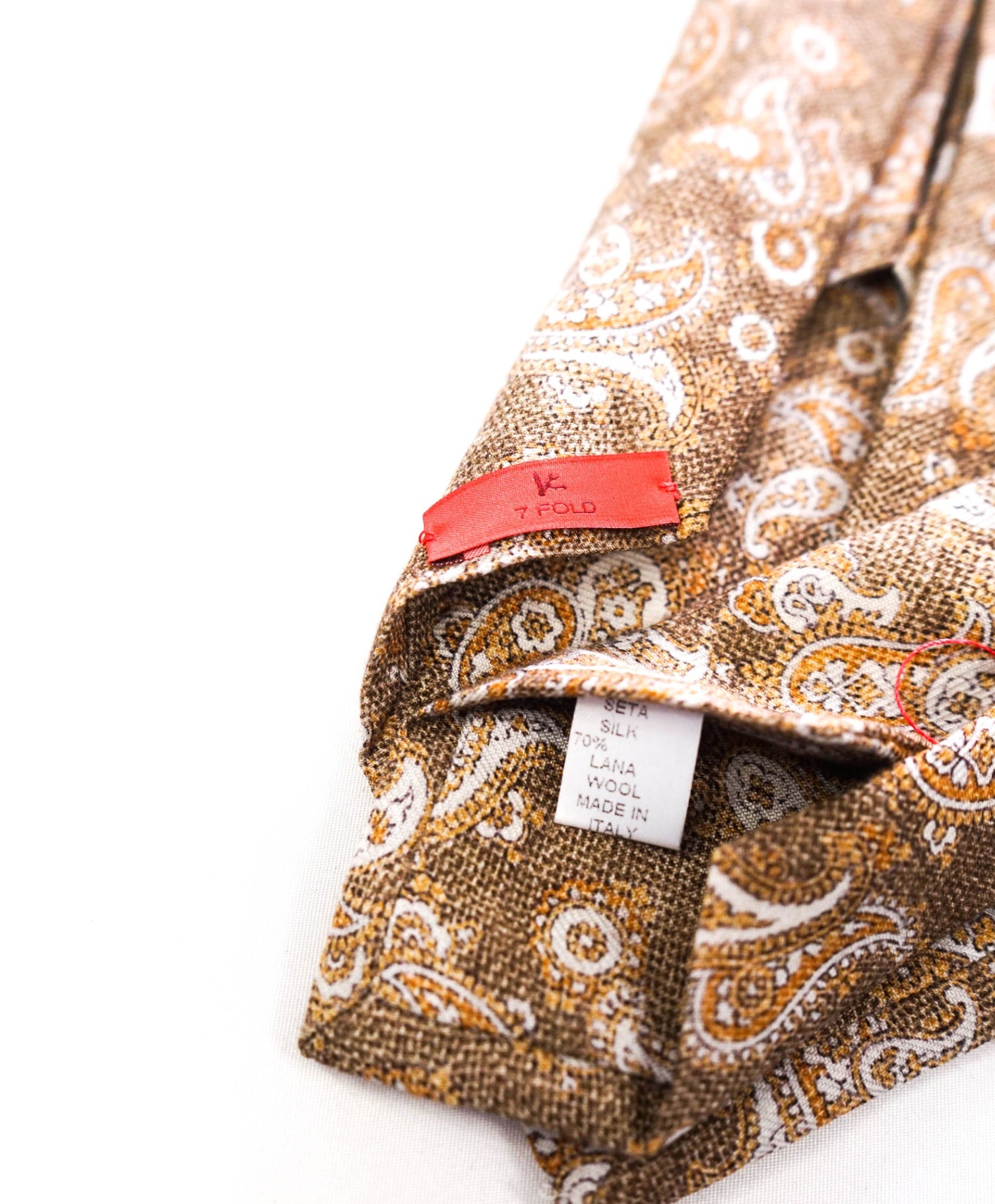 $295 ISAIA - "7 FOLD" Light Brown Paisley Wool/Silk 3.25" Tie