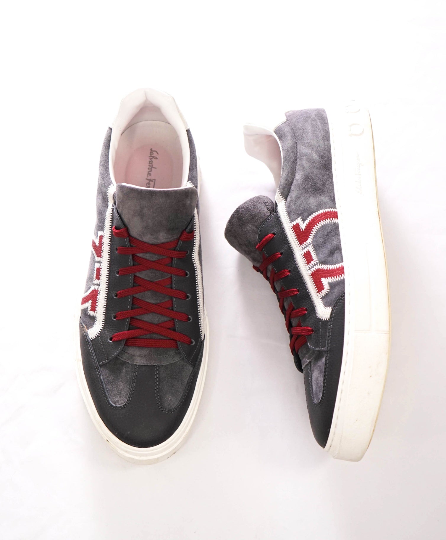 $795 FERRAGAMO - Gray/Red Suede/Leather Sneakers - 12 M