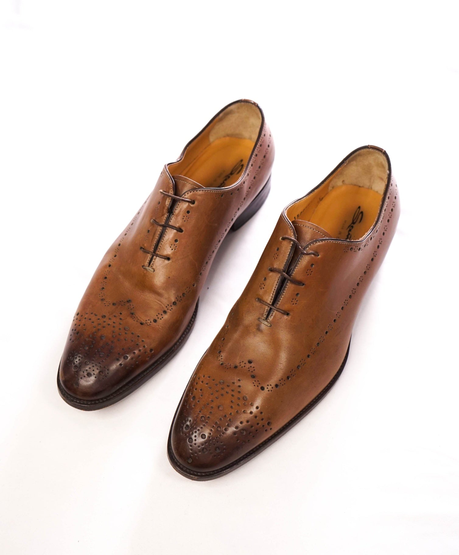 $1,295 SANTONI - "CALVIN" Whole Cut Brown Leather Oxfords - US 12 (UK11)