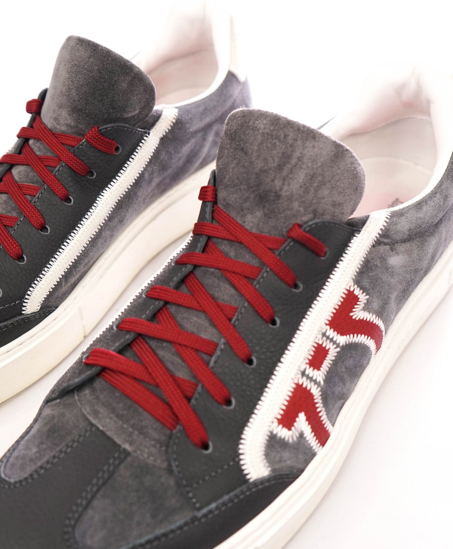 $795 FERRAGAMO - Gray/Red Suede/Leather Sneakers - 12 M