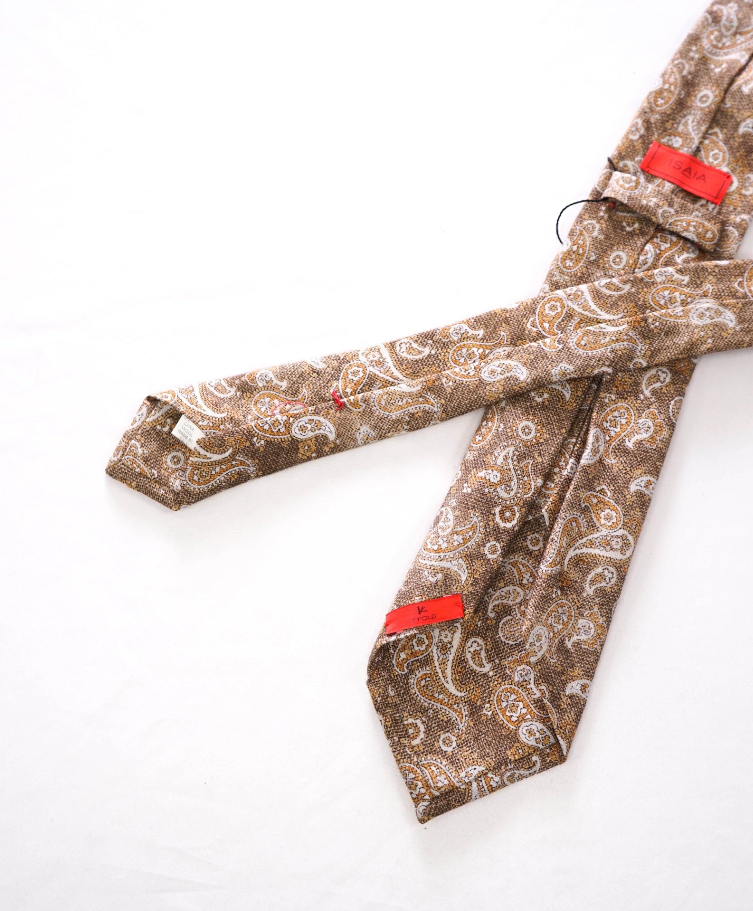 $295 ISAIA - "7 FOLD" Light Brown Paisley Wool/Silk 3.25" Tie