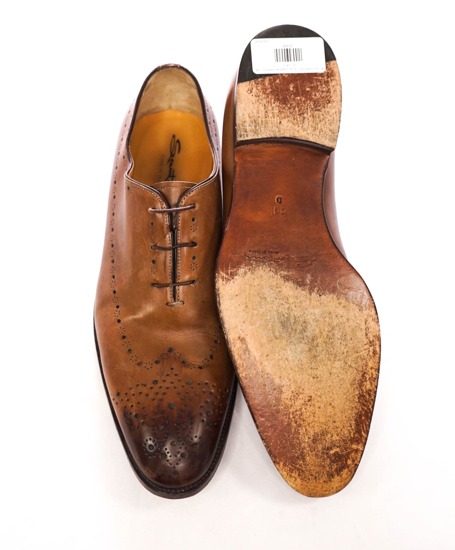 $1,295 SANTONI - "CALVIN" Whole Cut Brown Leather Oxfords - US 12 (UK11)