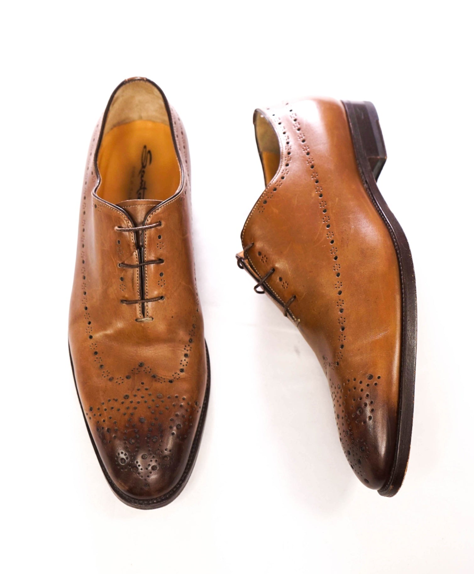$1,295 SANTONI - "CALVIN" Whole Cut Brown Leather Oxfords - US 12 (UK11)