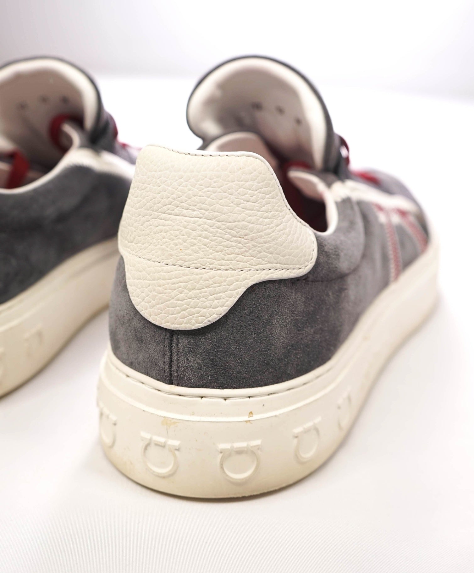 $795 FERRAGAMO - Gray/Red Suede/Leather Sneakers - 12 M