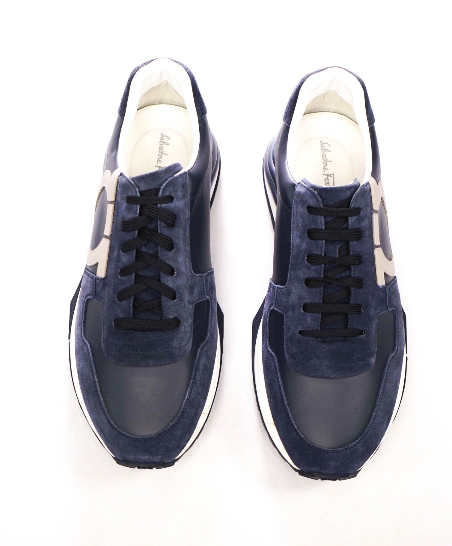 $995 FERRAGAMO - "BROOKLYN" Navy Leather/Suede Sneakers - 11 M