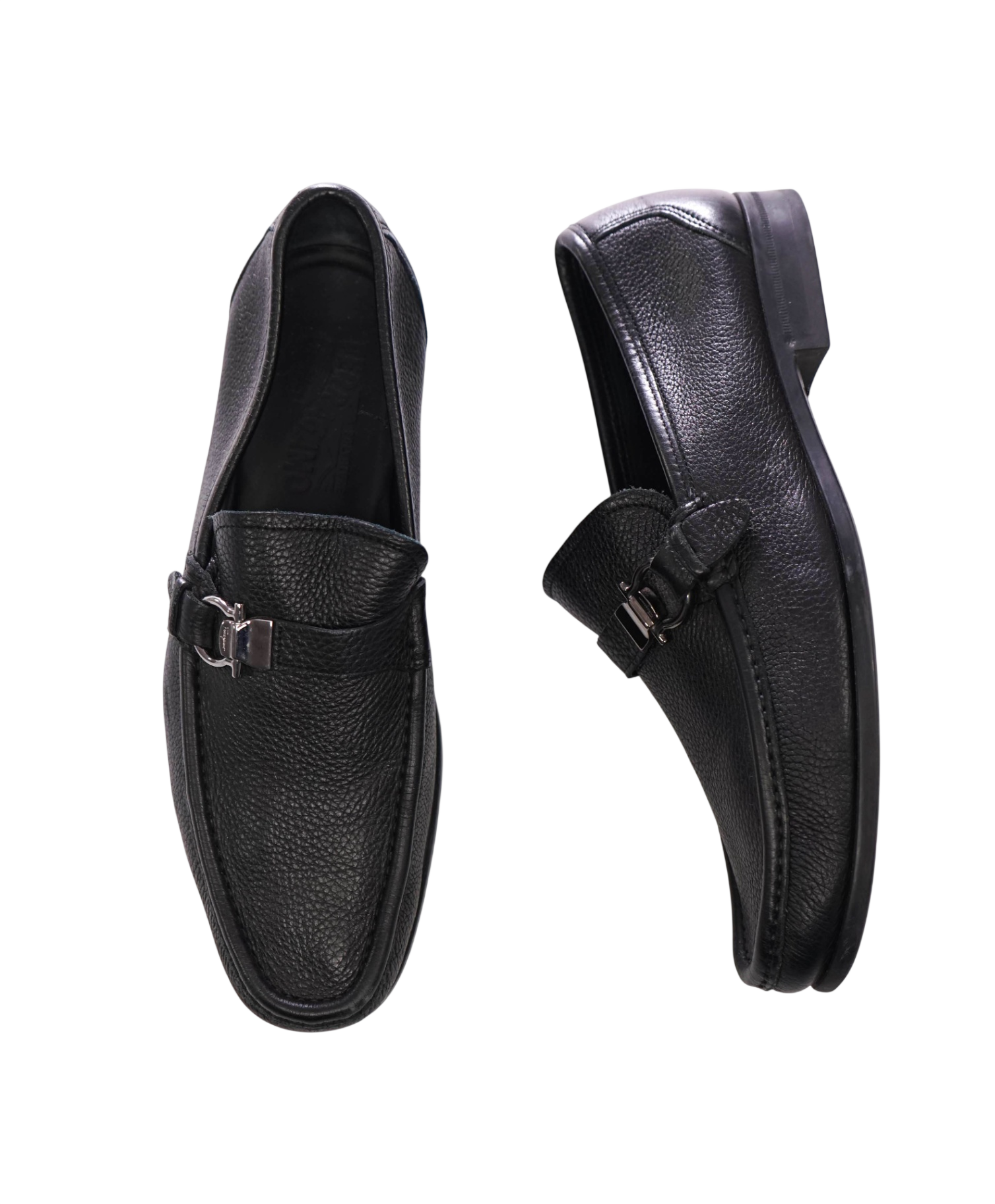 $950 FERRAGAMO - Black Pebble Leather Loafers - 8.5 3E