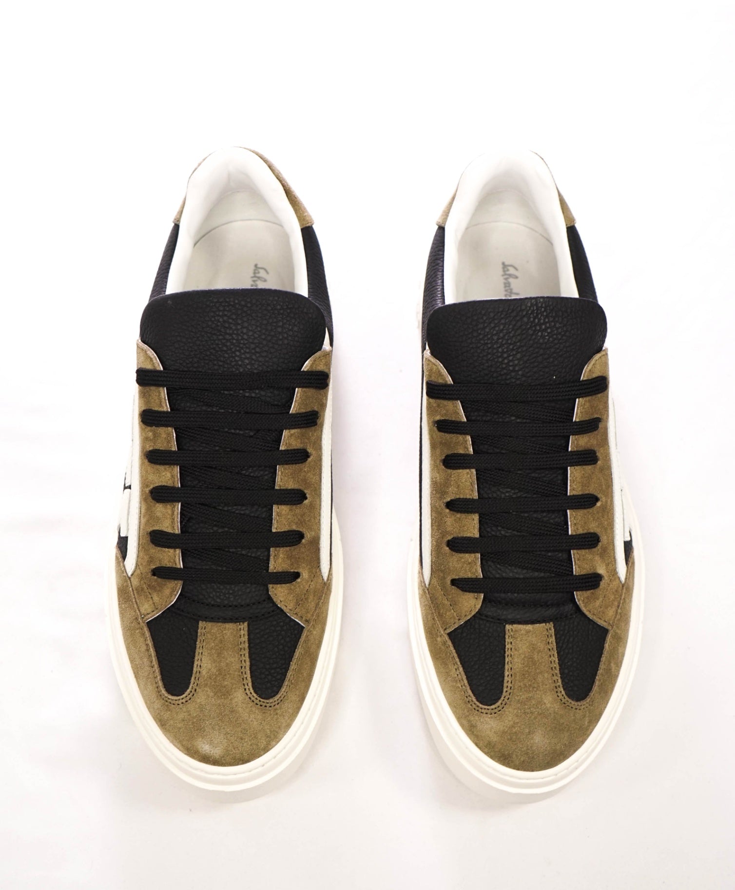 $795 FERRAGAMO - Black/Brown Leather/Suede "BORG 17" Sneakers - 9 M
