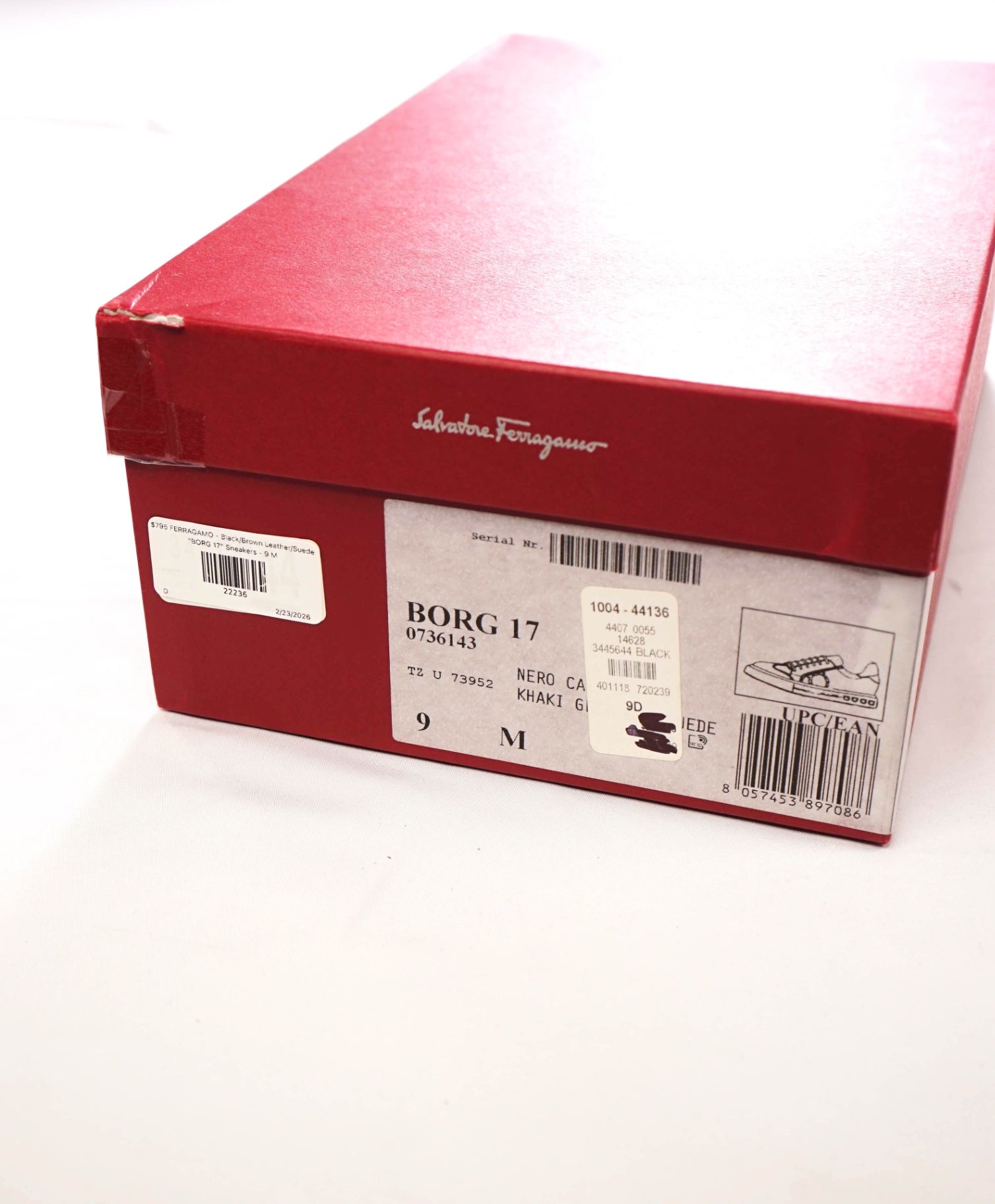 $795 FERRAGAMO - Black/Brown Leather/Suede "BORG 17" Sneakers - 9 M