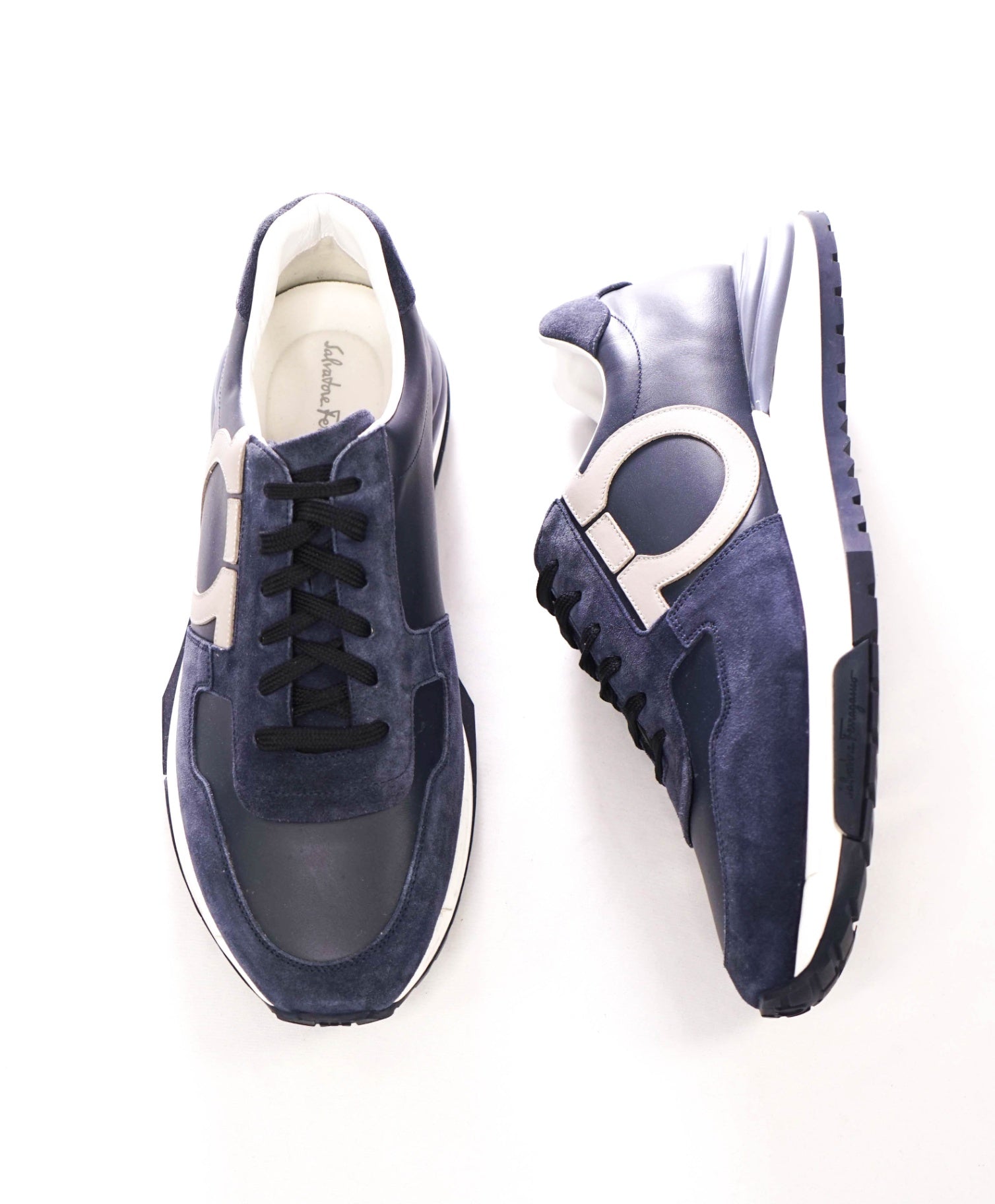 $995 FERRAGAMO - "BROOKLYN" Navy Leather/Suede Sneakers - 11 M