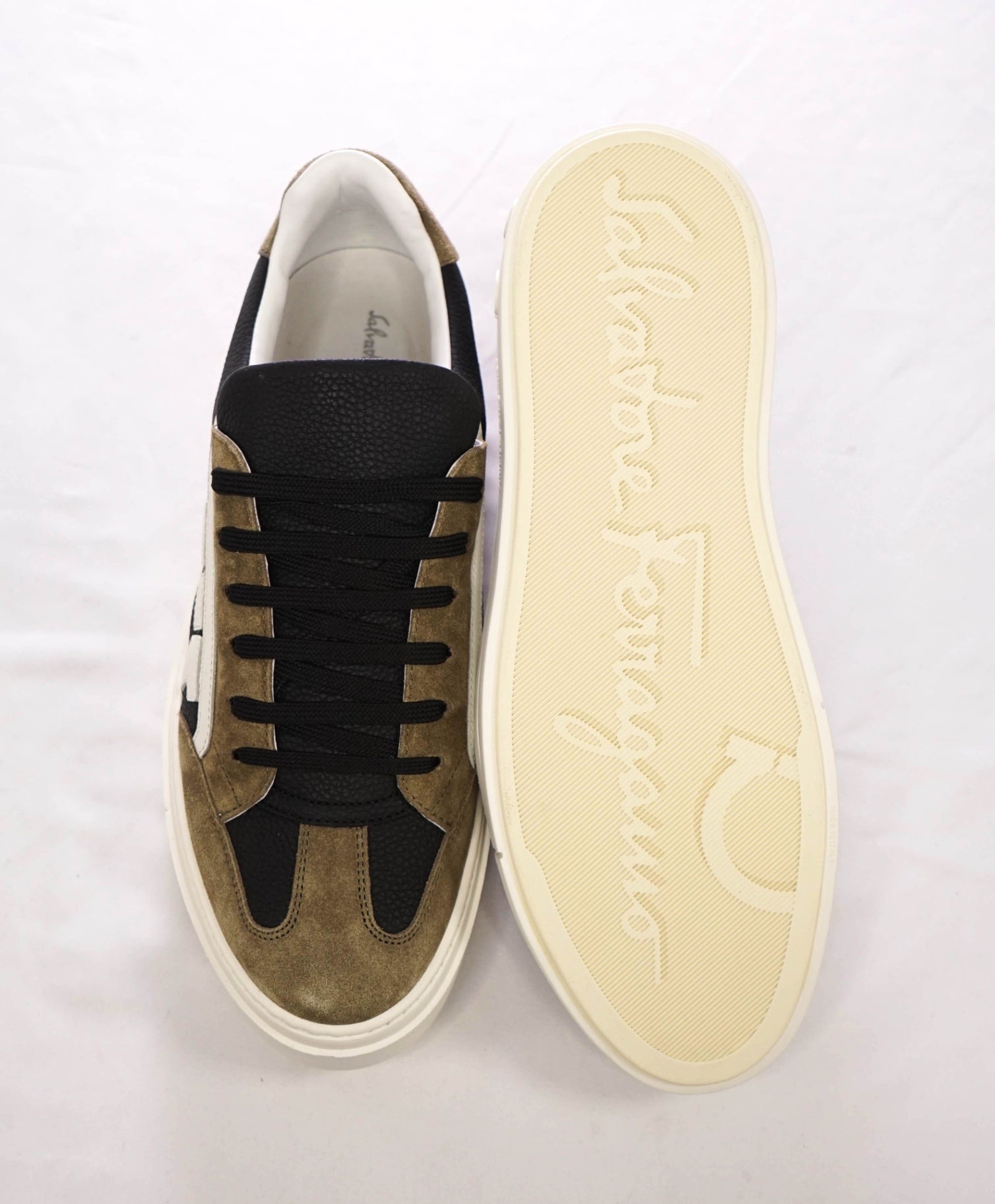 $795 FERRAGAMO - Black/Brown Leather/Suede "BORG 17" Sneakers - 9 M