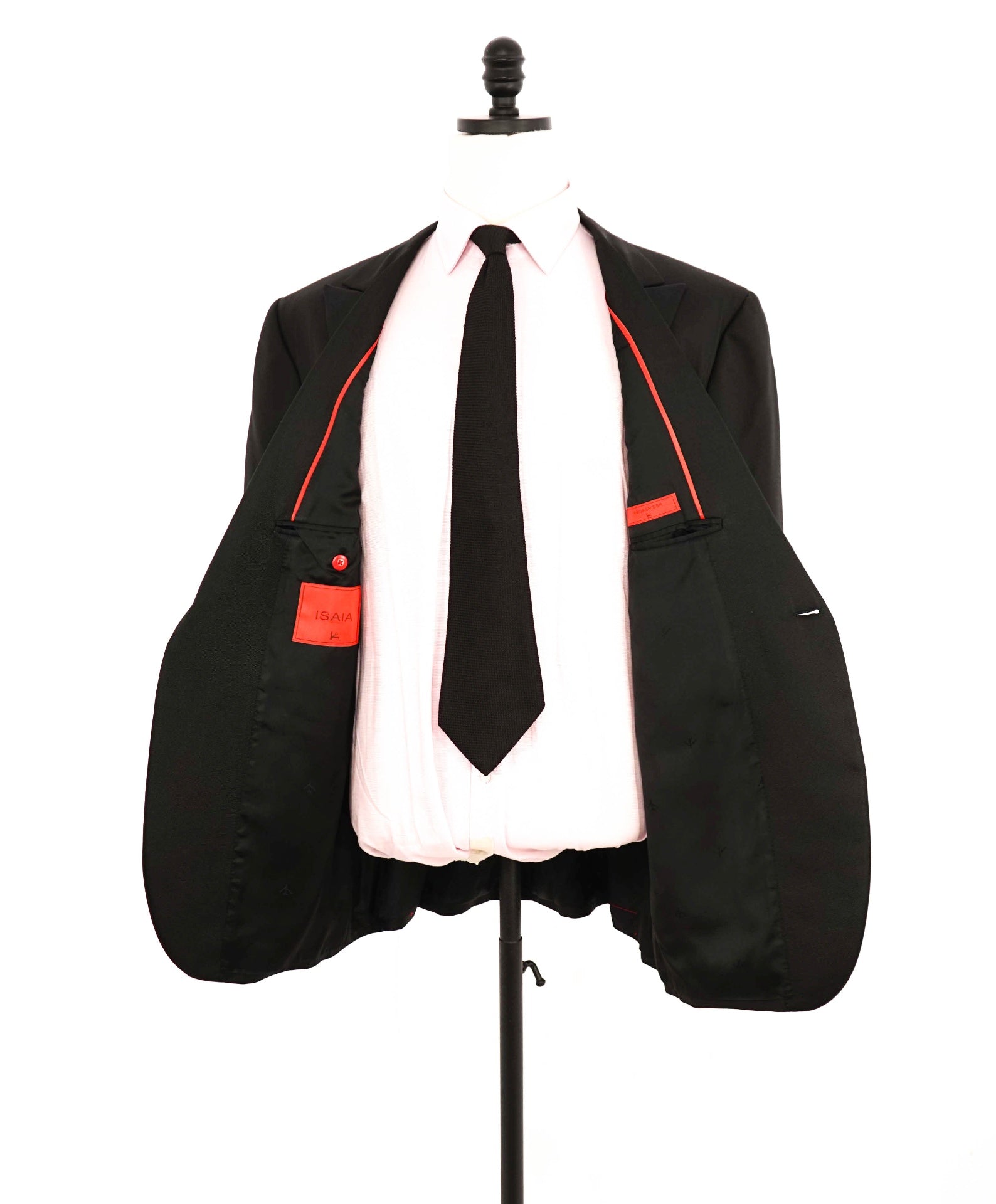 $4,595 ISAIA - Solid Black Wool Peak Lapel Tuxedo - 48R