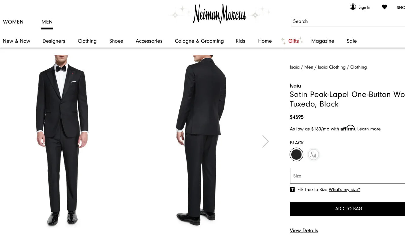 $4,595 ISAIA - Solid Black Wool Peak Lapel Tuxedo - 48R