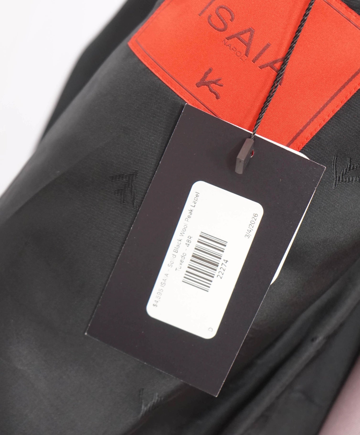 $4,595 ISAIA - Solid Black Wool Peak Lapel Tuxedo - 48R