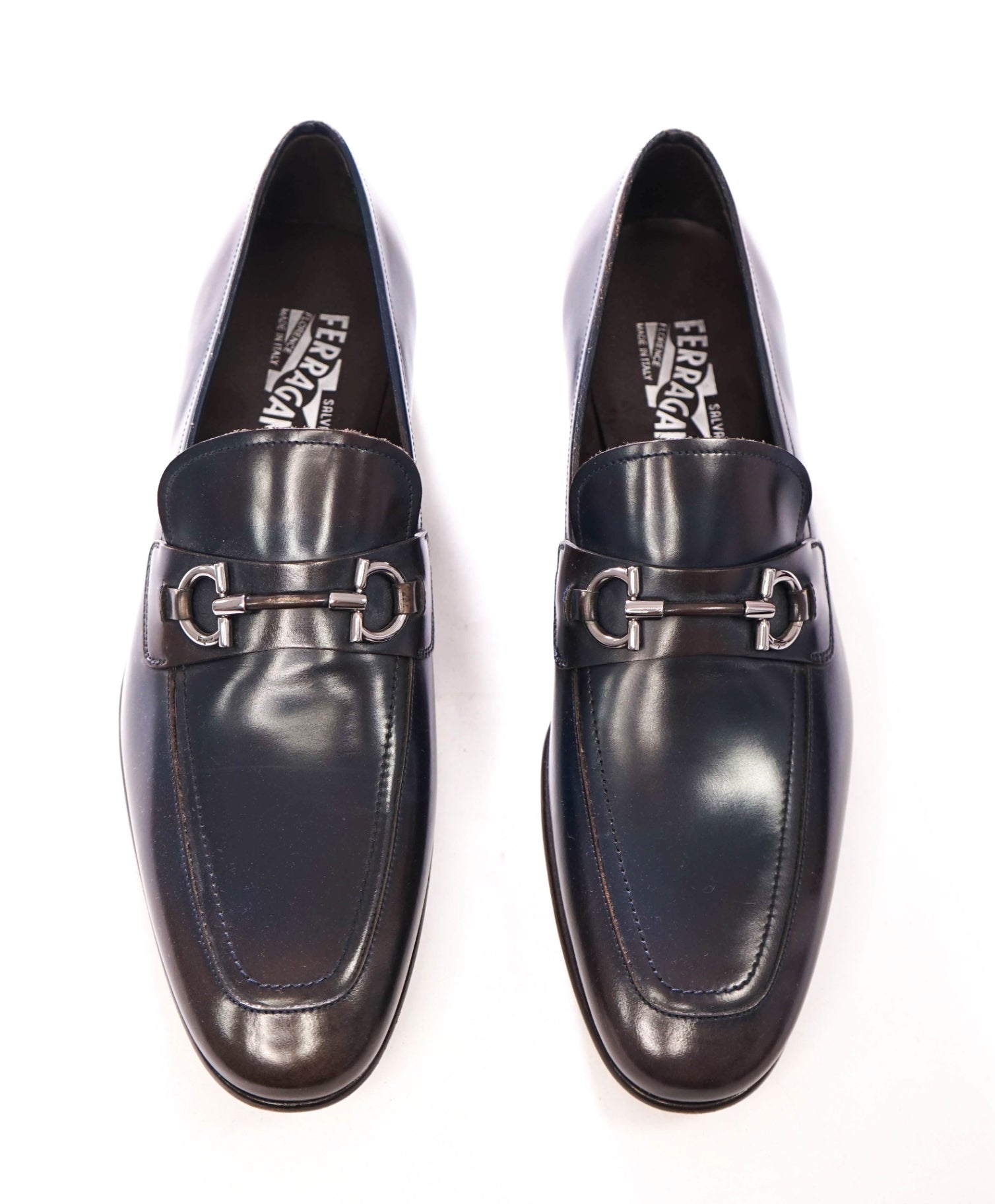 $850 FERRAGAMO - Ombre Navy Blue/Brown Leather Loafers - 11 D