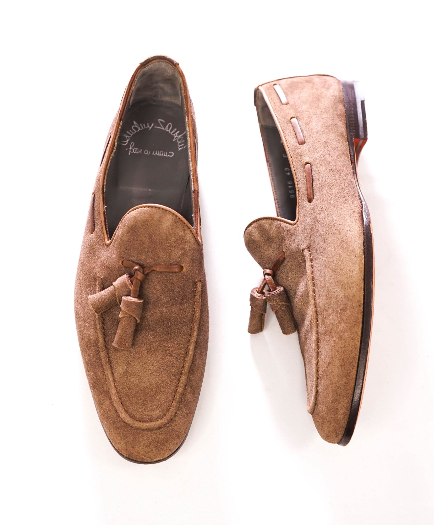 $1,050 SANTONI - Handmade Brown Suede Tassel Loafers - US 8 (7UK)