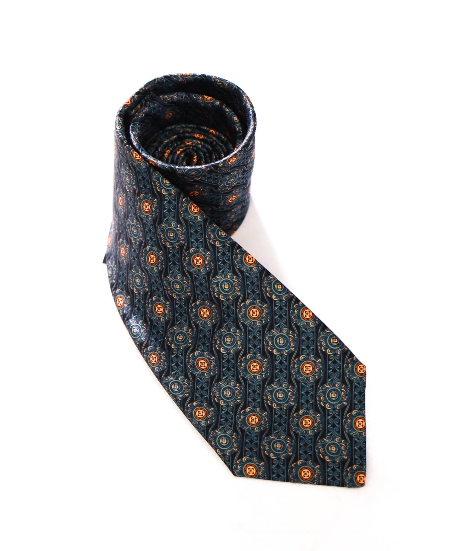 $265 ITALO FERRETTI - Navy Blue Medallion Silk - 3.25" Tie