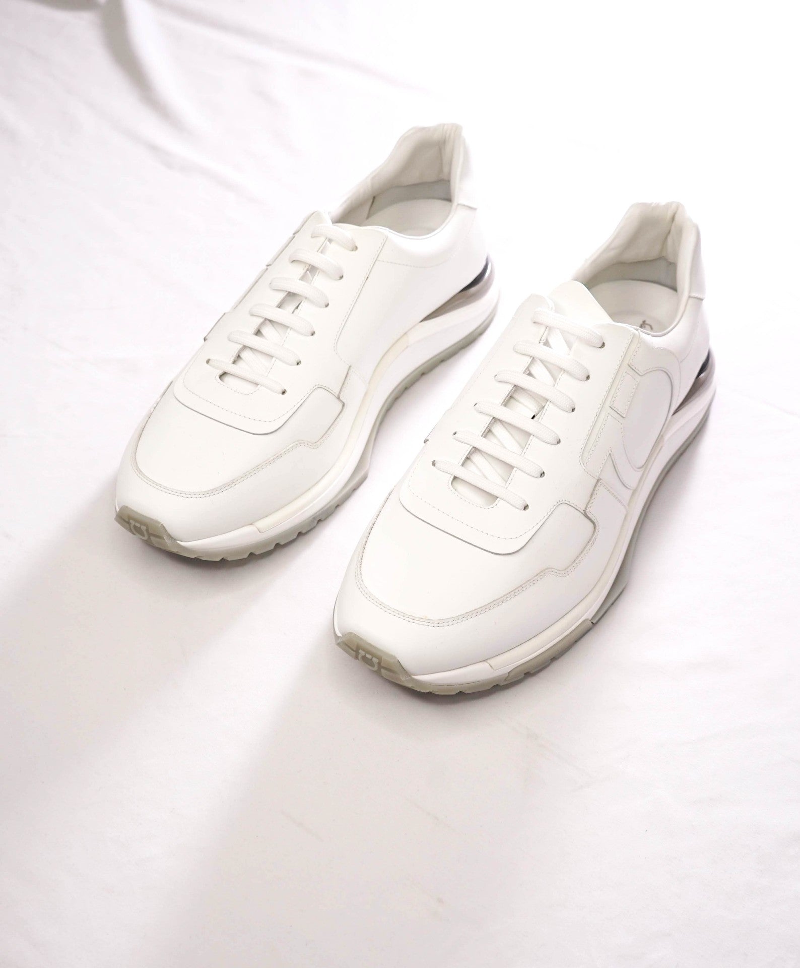 $995 FERRAGAMO - "Brooklyn" White Leather Sneakers - 13 M