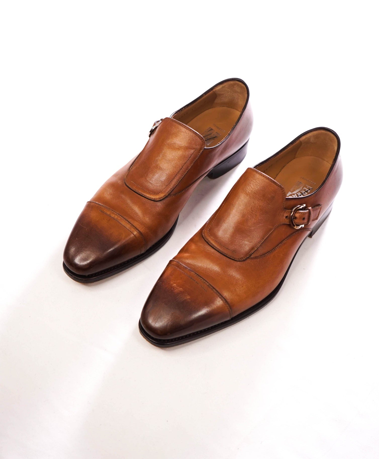 $1,595 FERRAGAMO - "TRAMEZZA" Leather Brown Single Monk - 11 D
