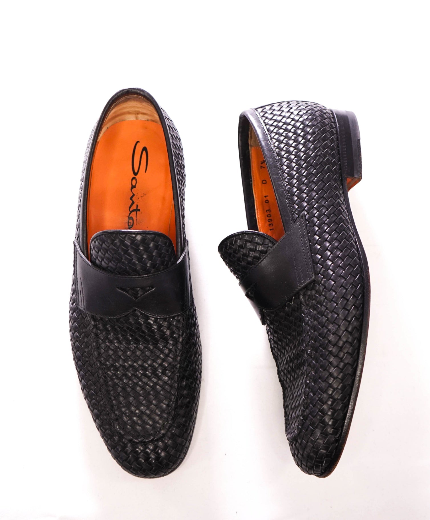 $1,080 SANTONI - Black Woven Leather Penny Loafers - US 8.5 (UK7.5)