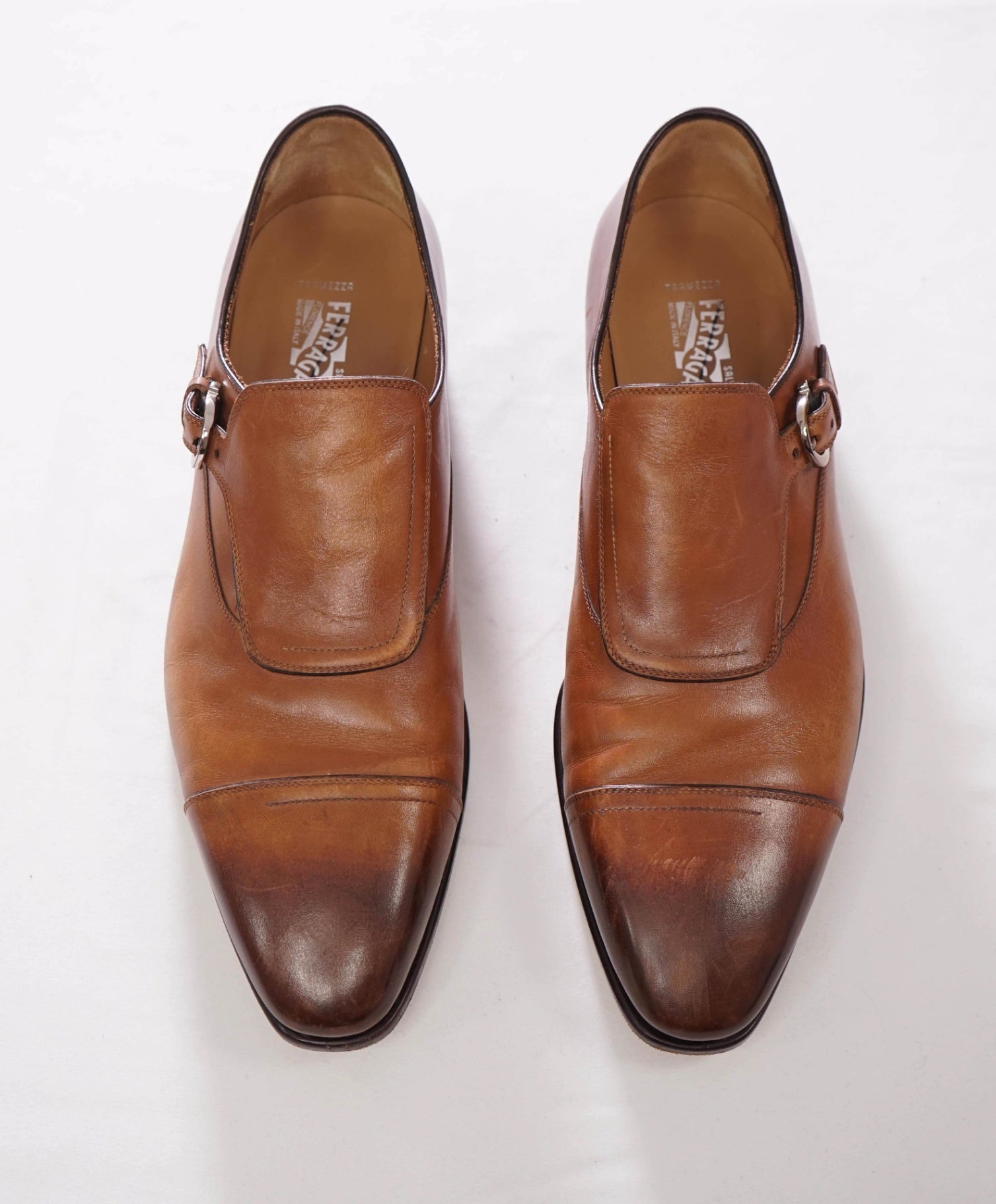 $1,595 FERRAGAMO - "TRAMEZZA" Leather Brown Single Monk - 11 D