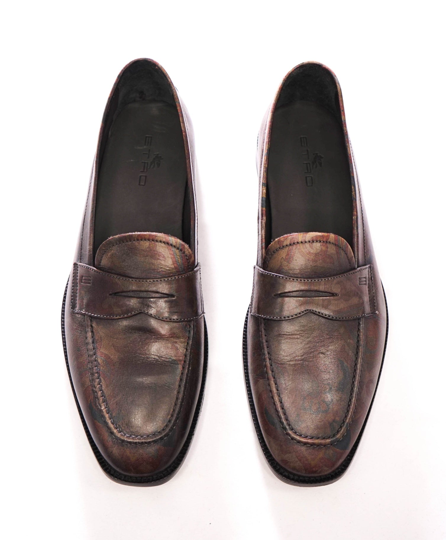 $850 ETRO - Brown Floral Paisley Leather Penny Loafers - US 11 (EU44)