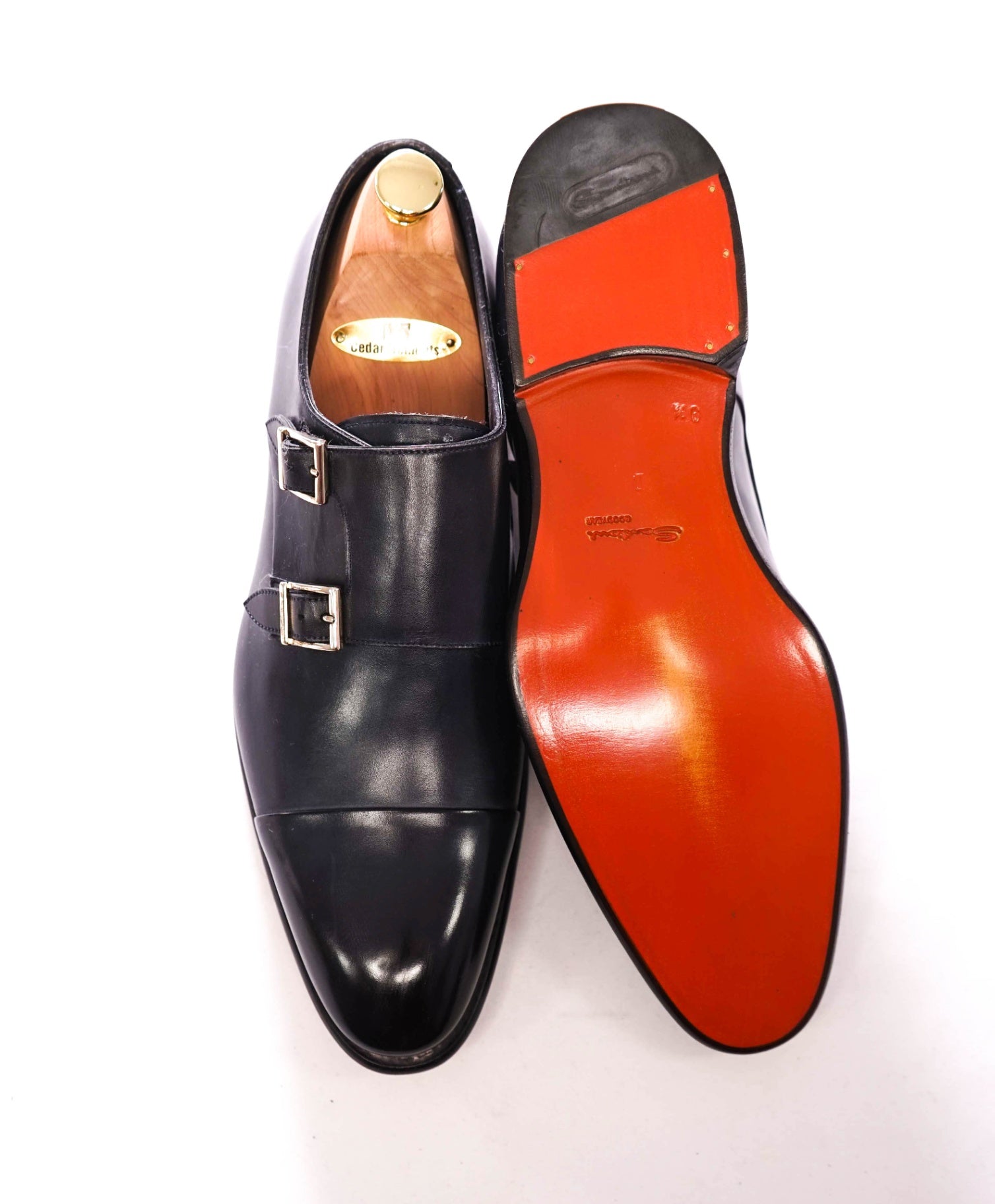 $1,595 SANTONI - Navy "GOODYEAR" Leather Monk Straps - US 10.5 (UK9.5)