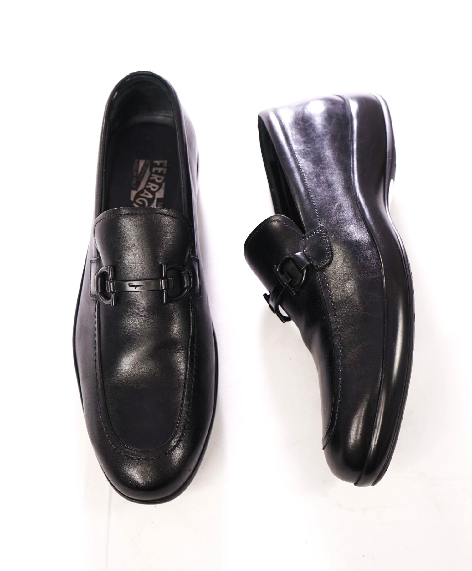 $850 FERRAGAMO - "Street" Black Leather Driving Loafers - 8.5 D