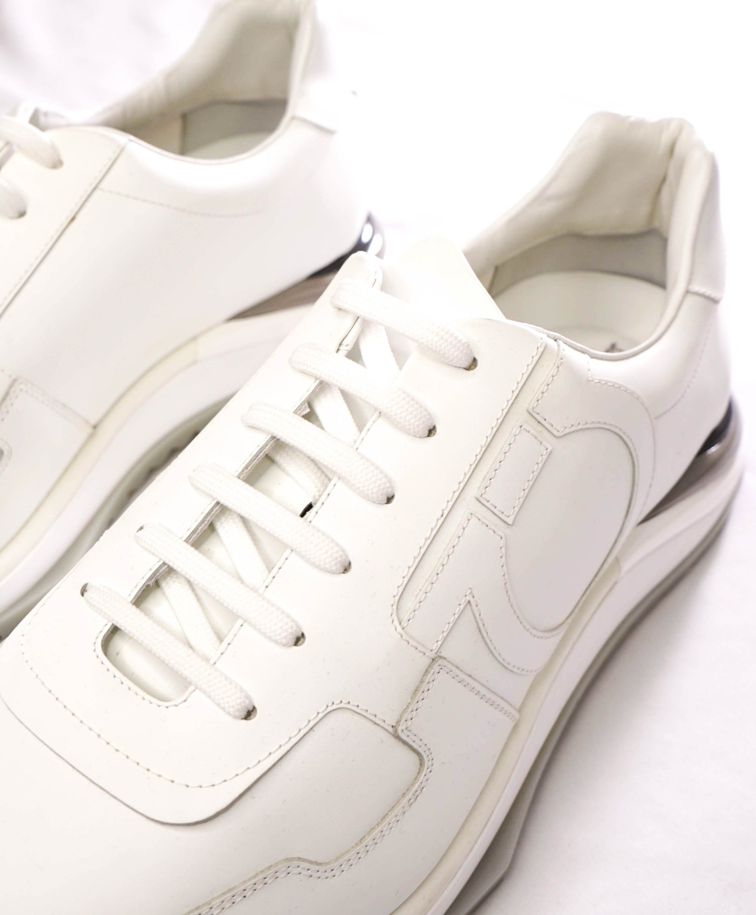 $995 FERRAGAMO - "Brooklyn" White Leather Sneakers - 13 M
