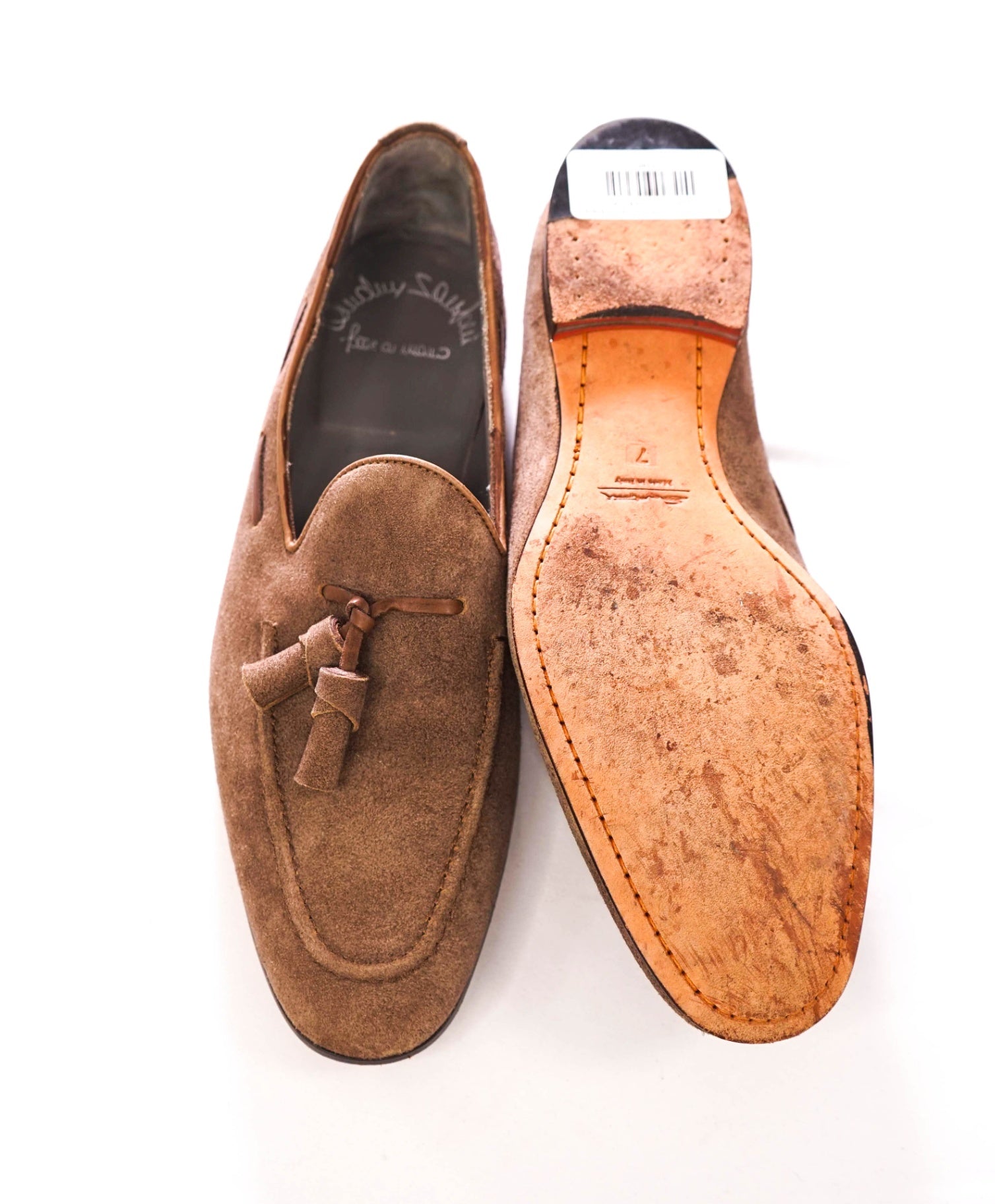 $1,050 SANTONI - Handmade Brown Suede Tassel Loafers - US 8 (7UK)