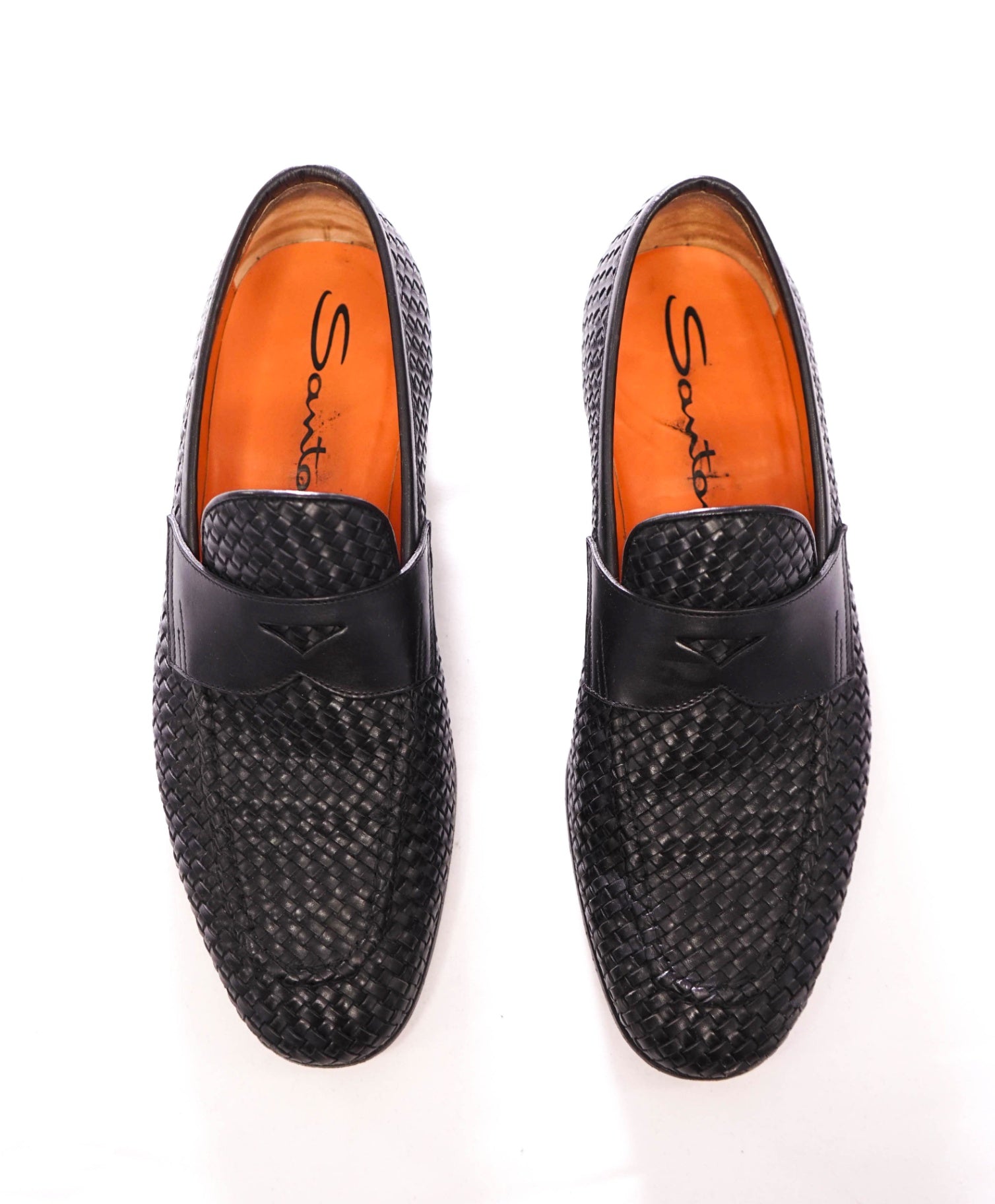 $1,080 SANTONI - Black Woven Leather Penny Loafers - US 8.5 (UK7.5)