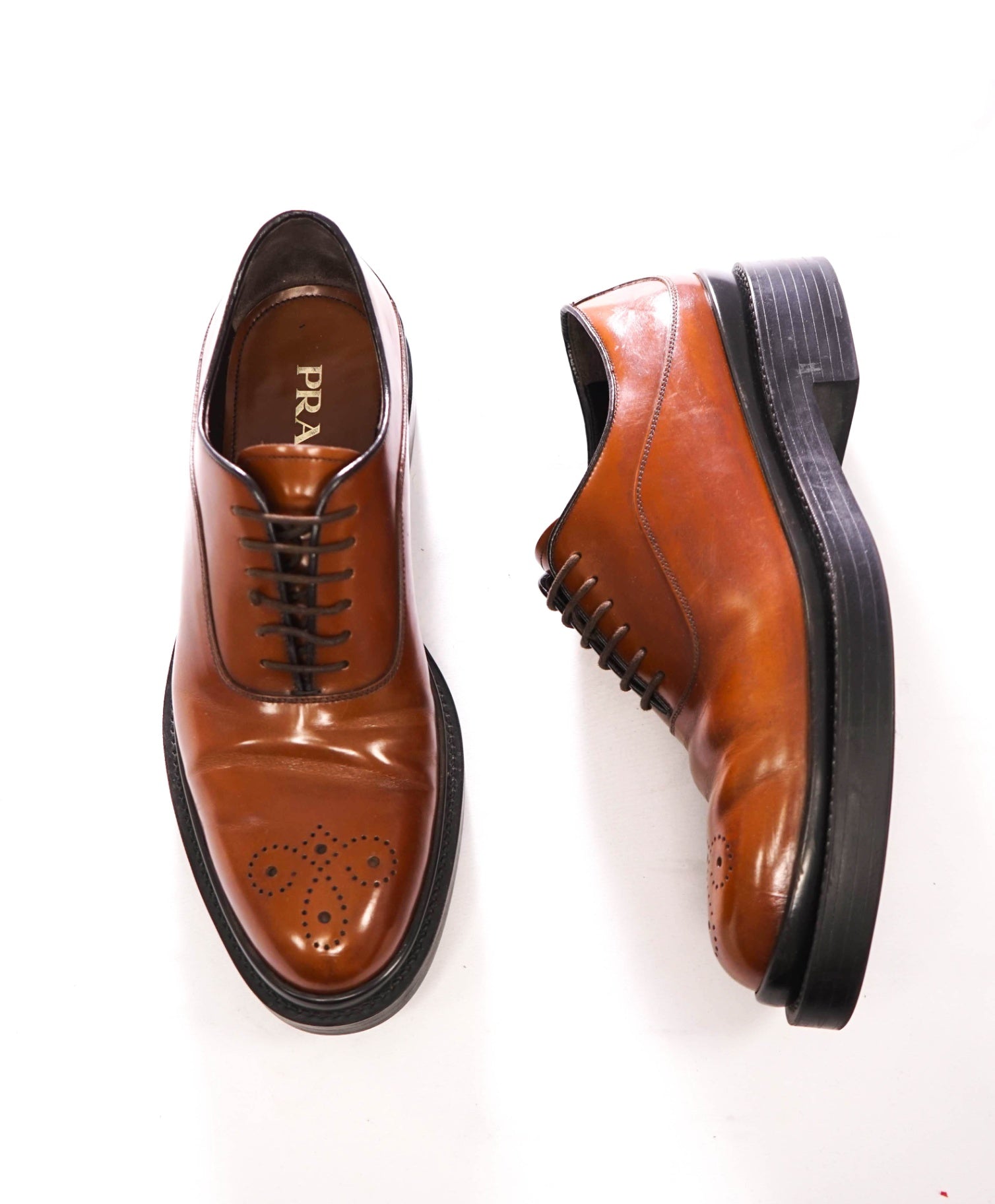 $1,150 PRADA - Brown Leather Brogue Lug Sole Oxfords - US 9 (UK8)