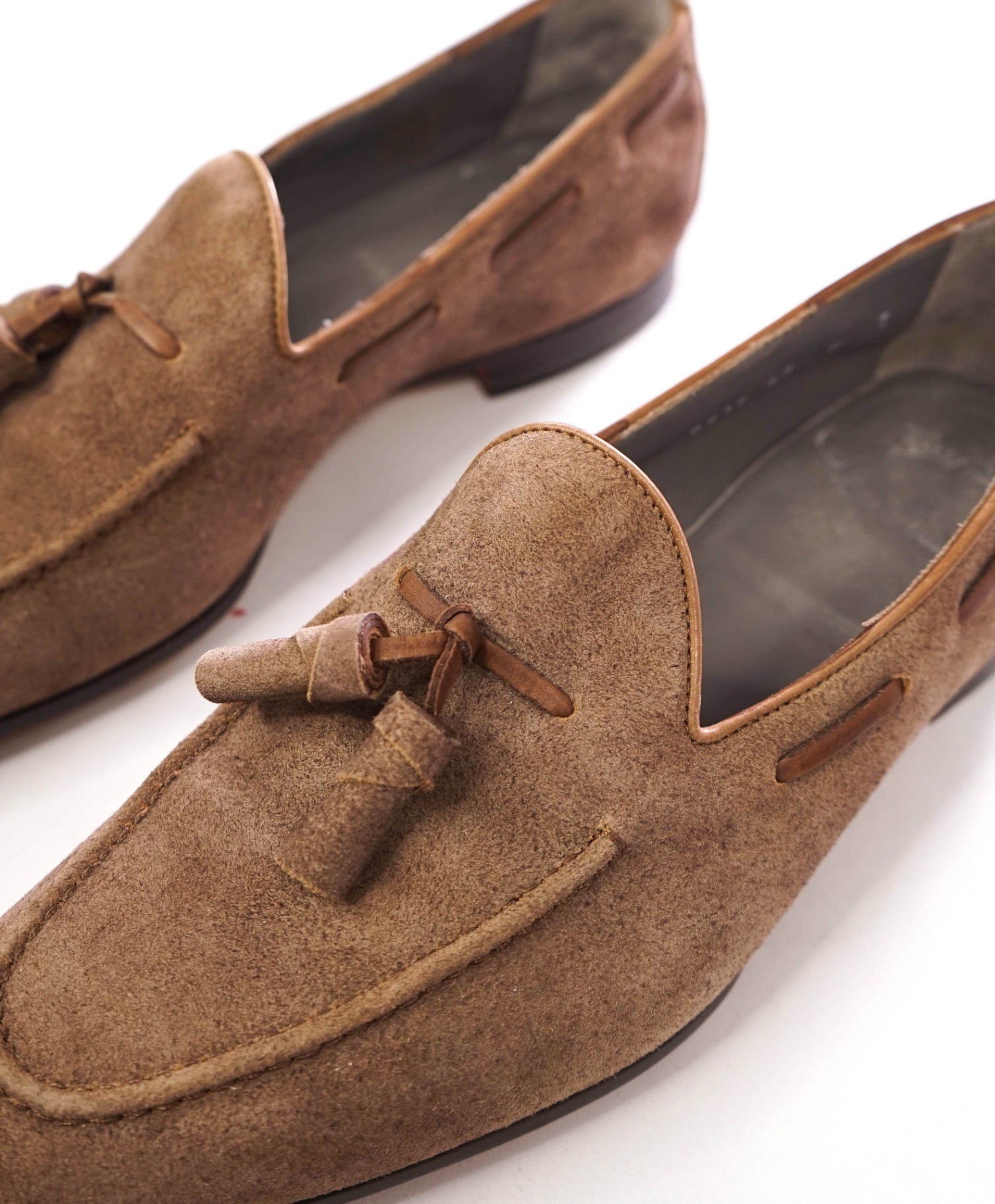 $1,050 SANTONI - Handmade Brown Suede Tassel Loafers - US 8 (7UK)
