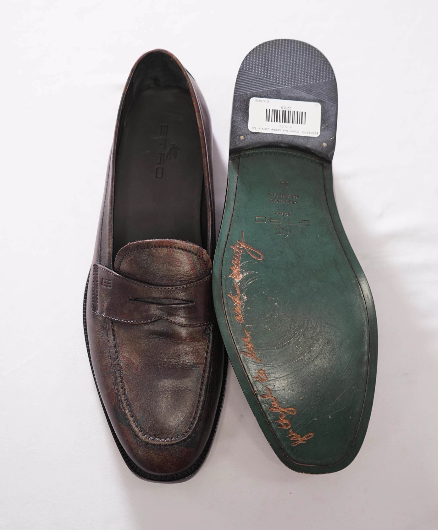 $850 ETRO - Brown Floral Paisley Leather Penny Loafers - US 11 (EU44)