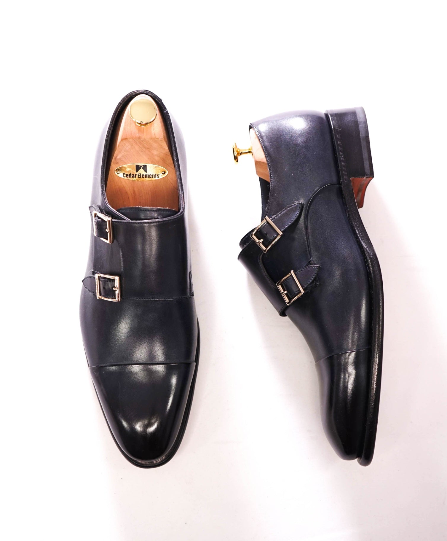 $1,595 SANTONI - Navy "GOODYEAR" Leather Monk Straps - US 10.5 (UK9.5)