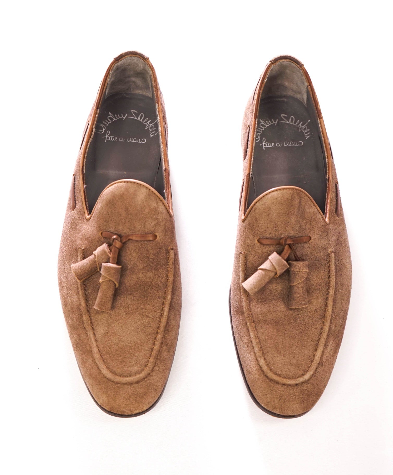 $1,050 SANTONI - Handmade Brown Suede Tassel Loafers - US 8 (7UK)