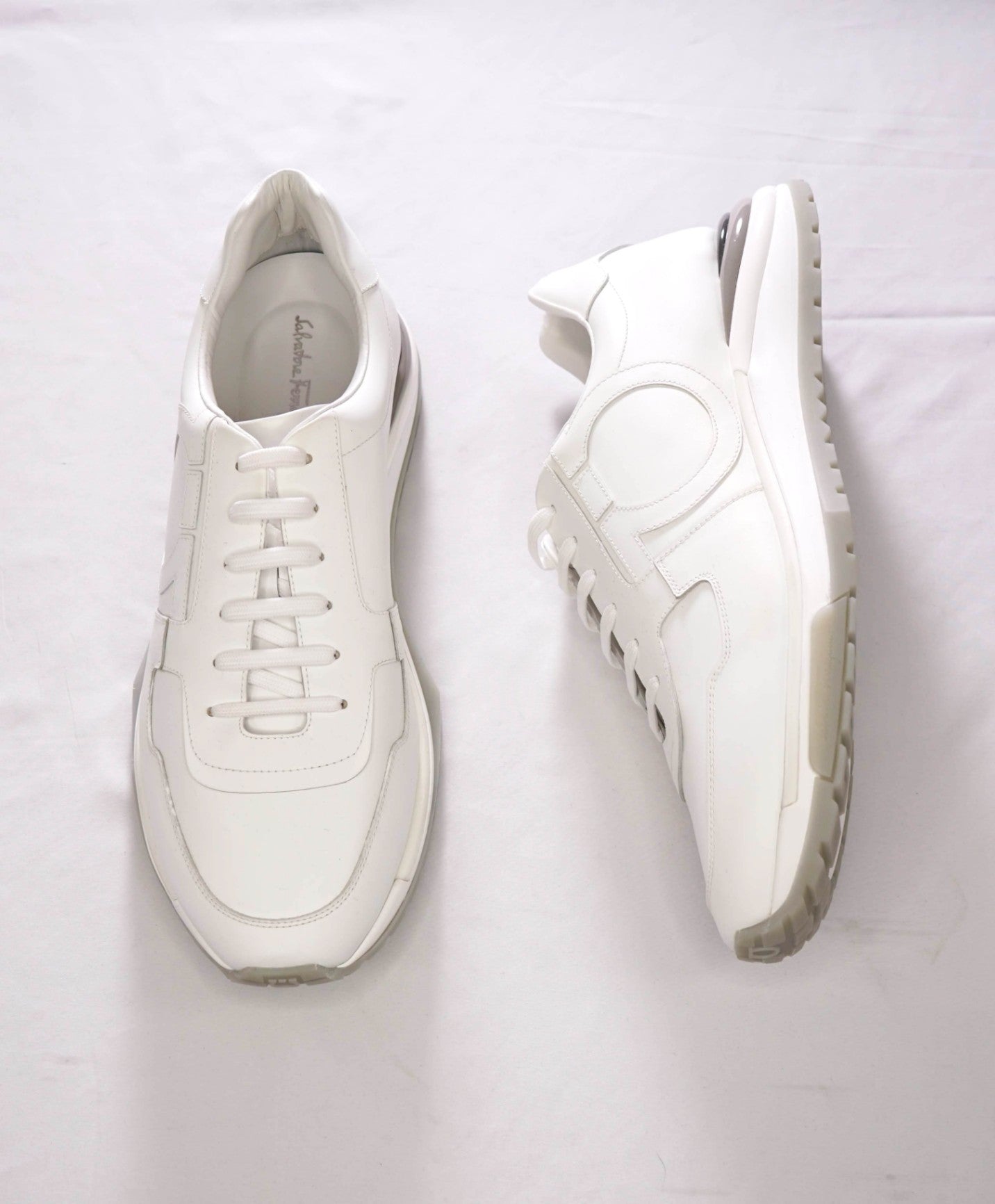 $995 FERRAGAMO - "Brooklyn" White Leather Sneakers - 13 M