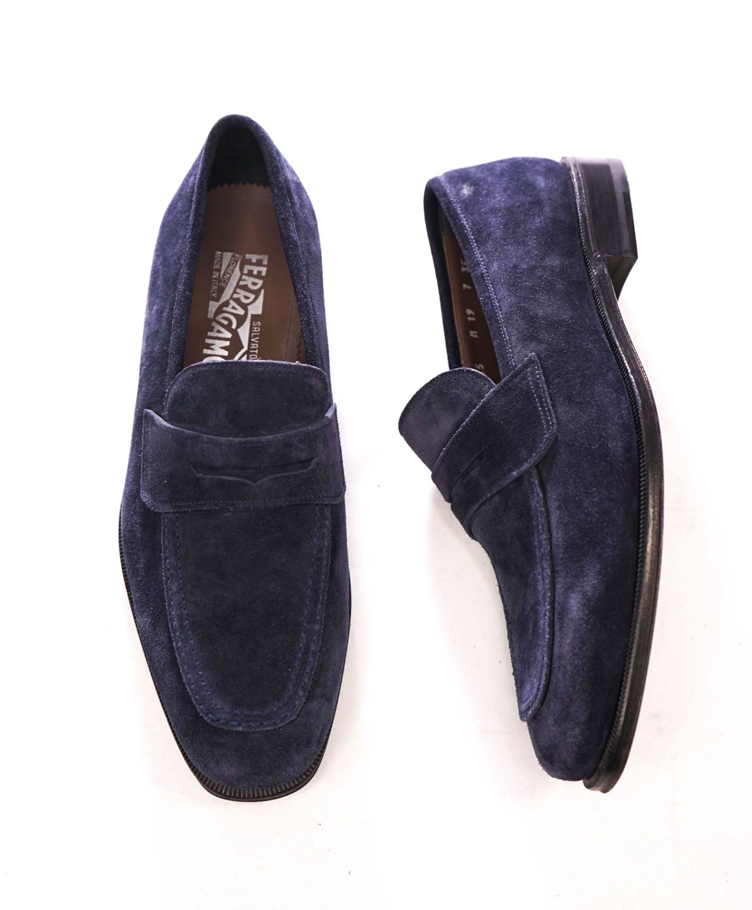 $795 FERRAGAMO - "STREET" Navy Blue Suede Penny Loafers - 7 3E