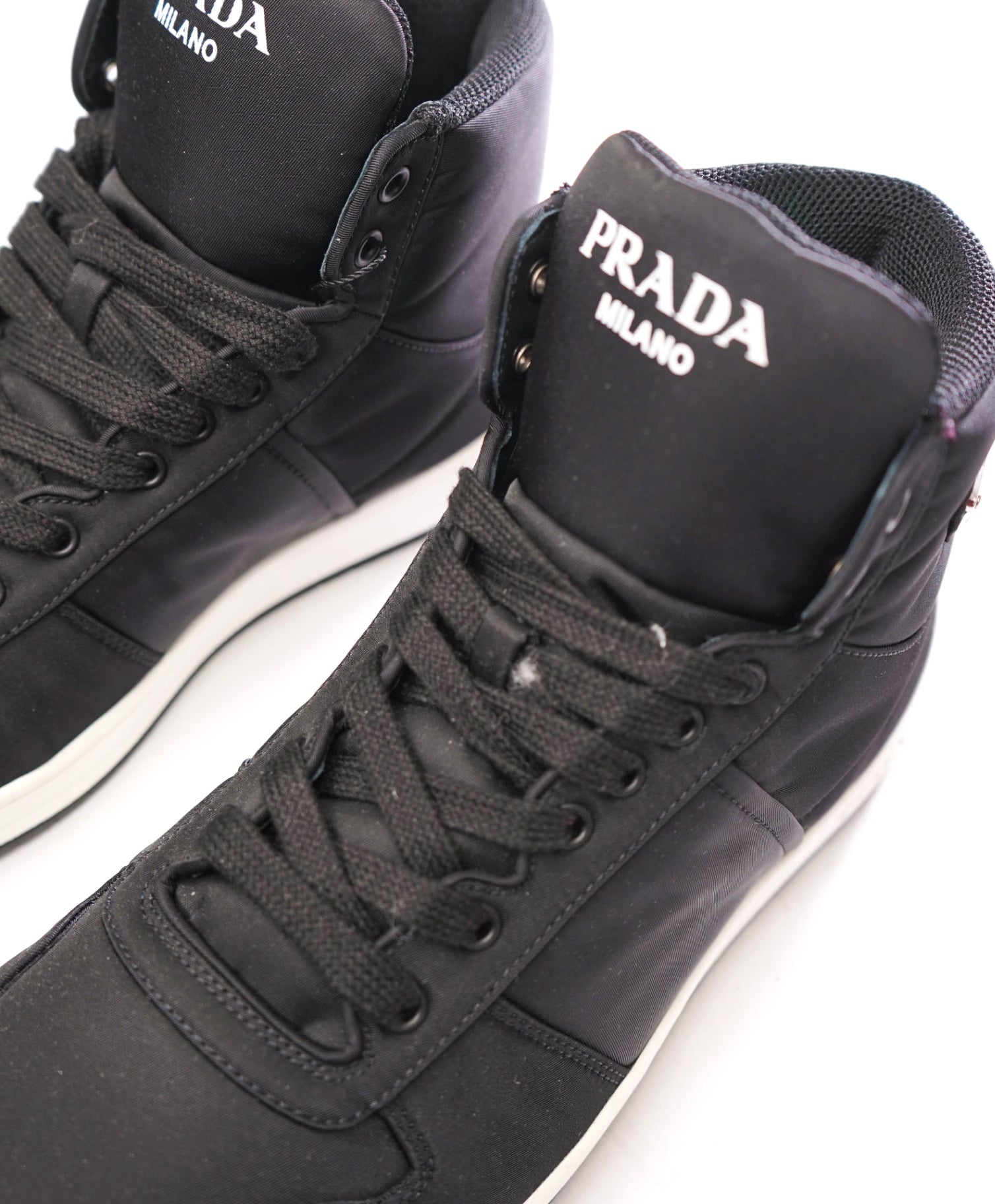 $1,120 PRADA - Black Nylon High Top Sneakers - US 8 (7UK)