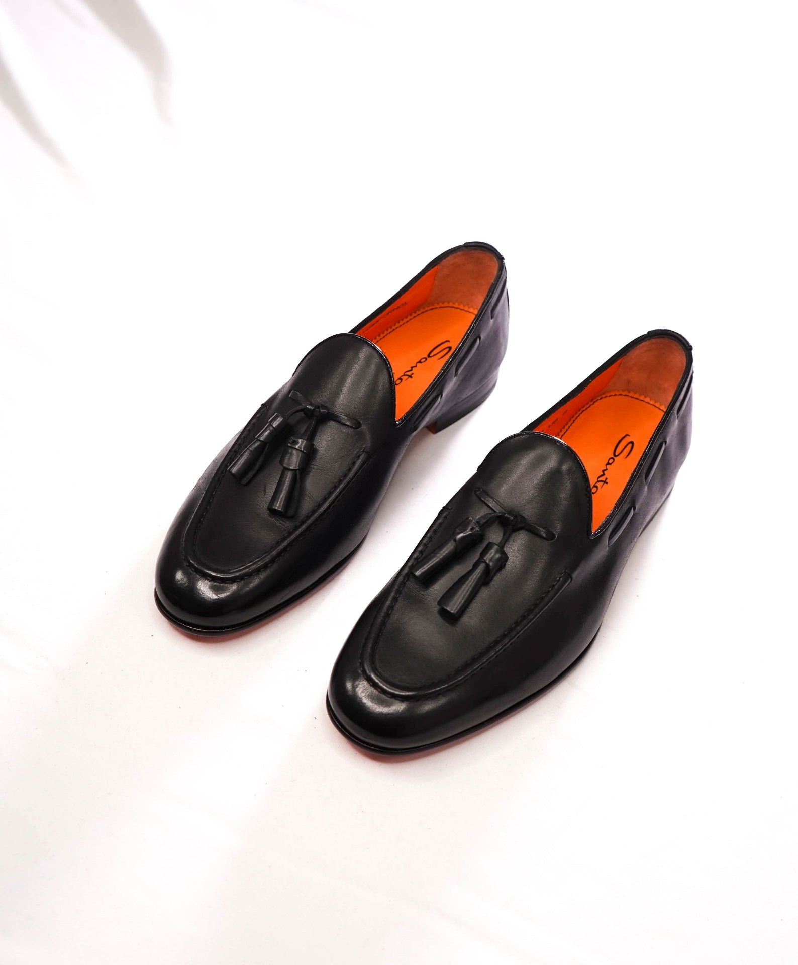 $970 SANTONI - Black Leather Tassel Loafers - US 8 (7UK)