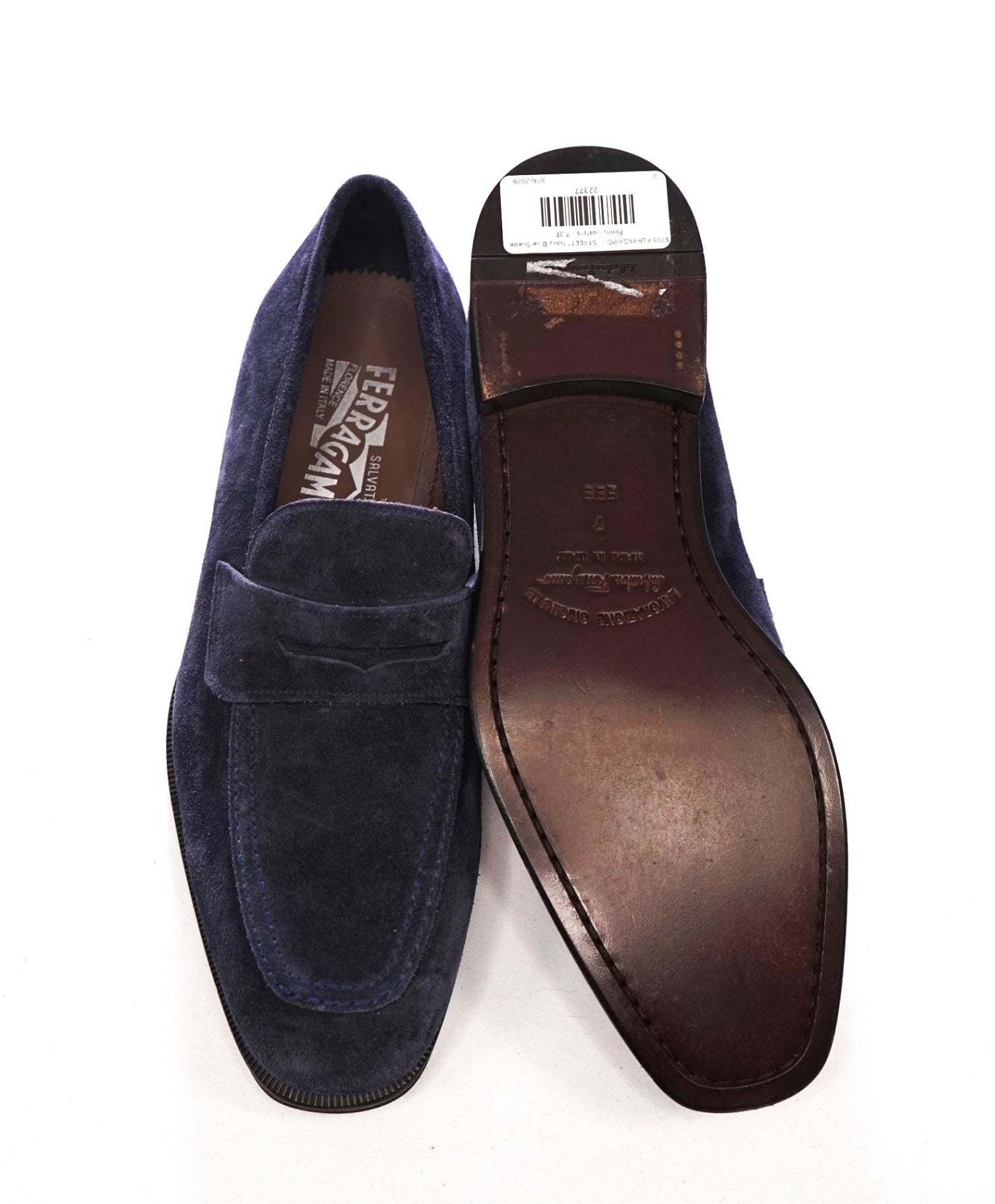 $795 FERRAGAMO - "STREET" Navy Blue Suede Penny Loafers - 7 3E