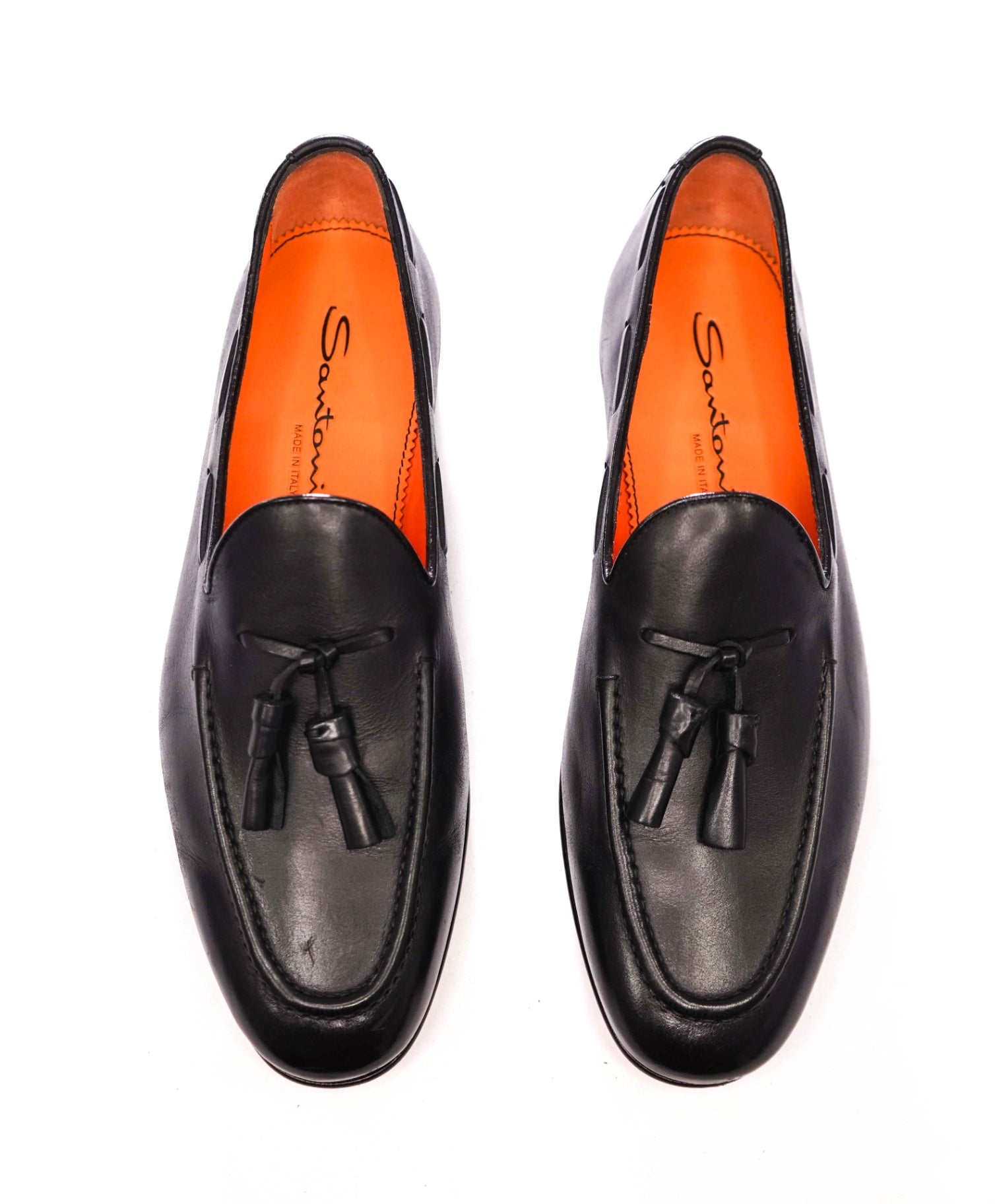 $970 SANTONI - Black Leather Tassel Loafers - US 8 (7UK)
