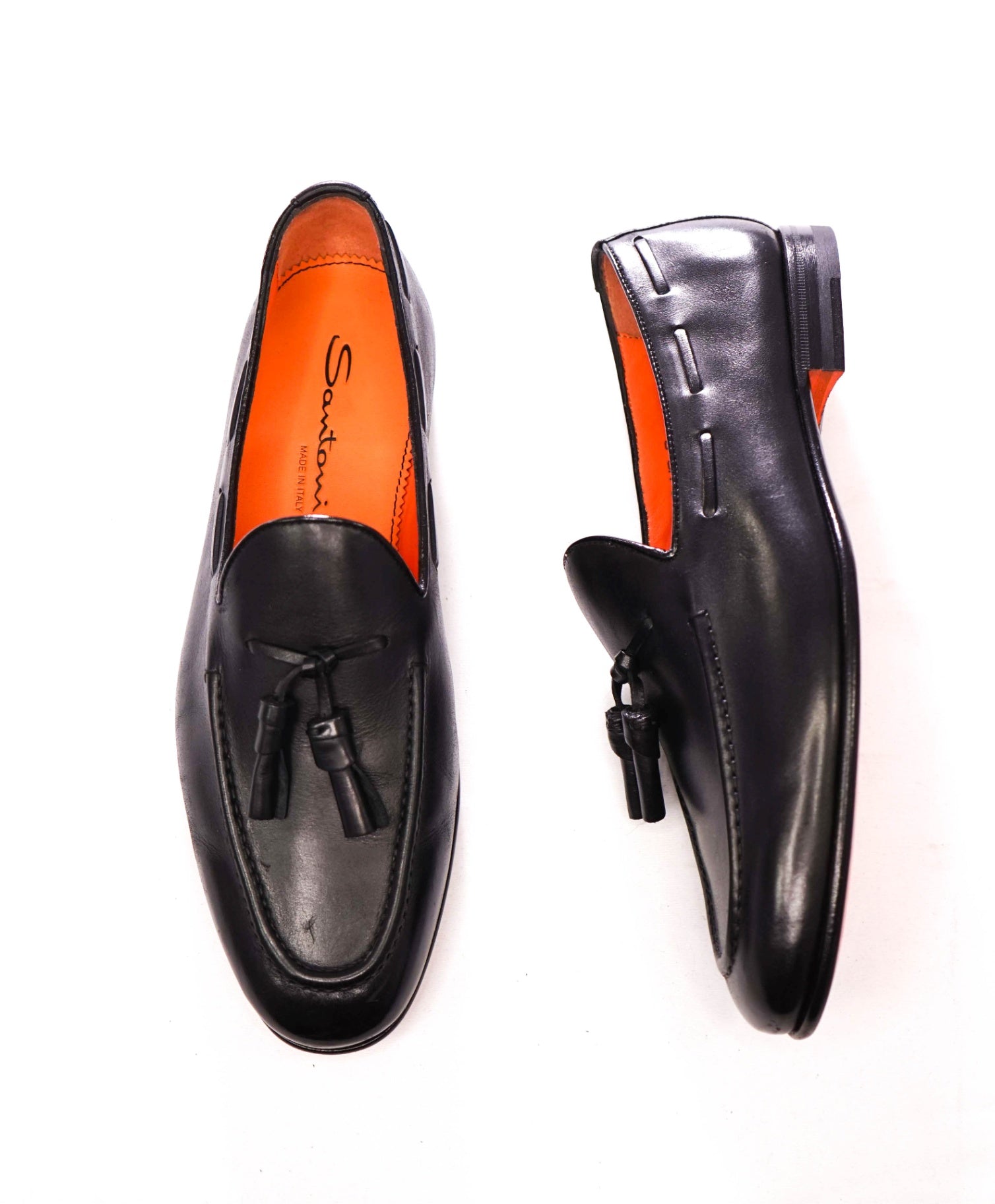 $970 SANTONI - Black Leather Tassel Loafers - US 8 (7UK)