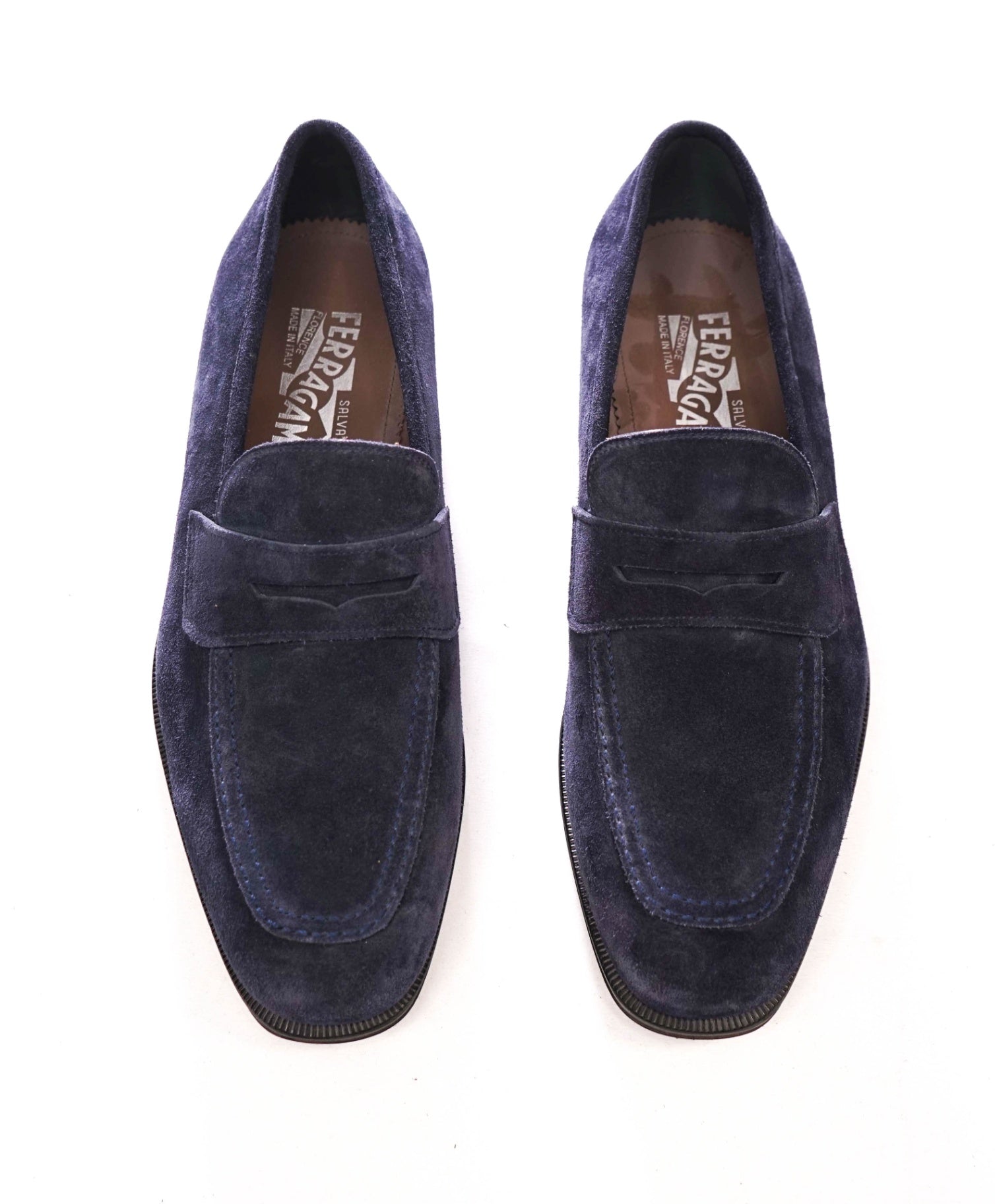 $795 FERRAGAMO - "STREET" Navy Blue Suede Penny Loafers - 7 3E
