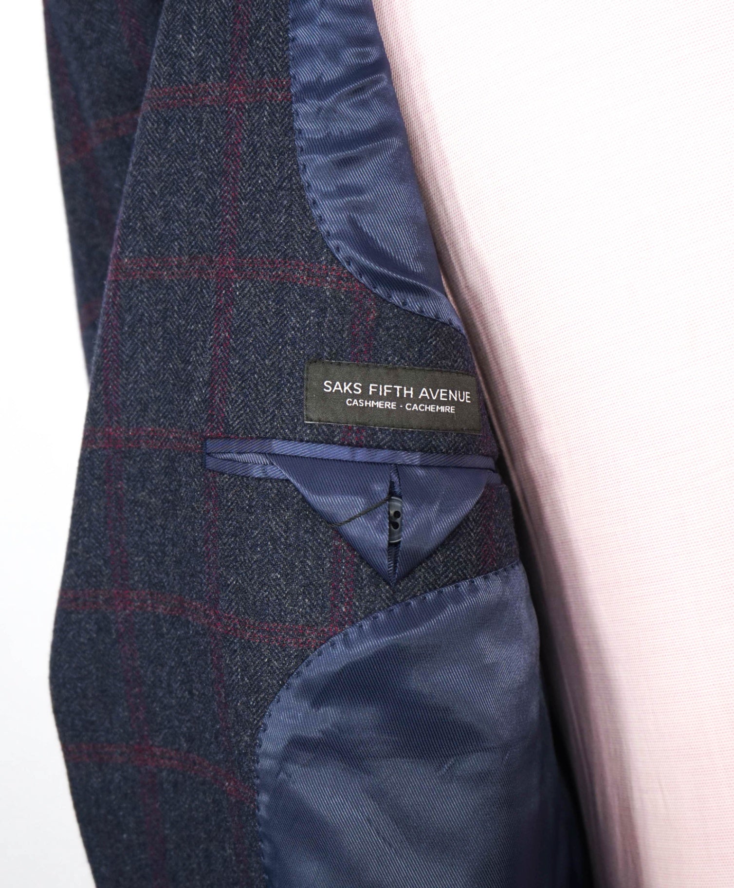 $1,295 SAKS 5TH AVE - Navy Blue/Red Plaid Cashmere Blazer - 46L