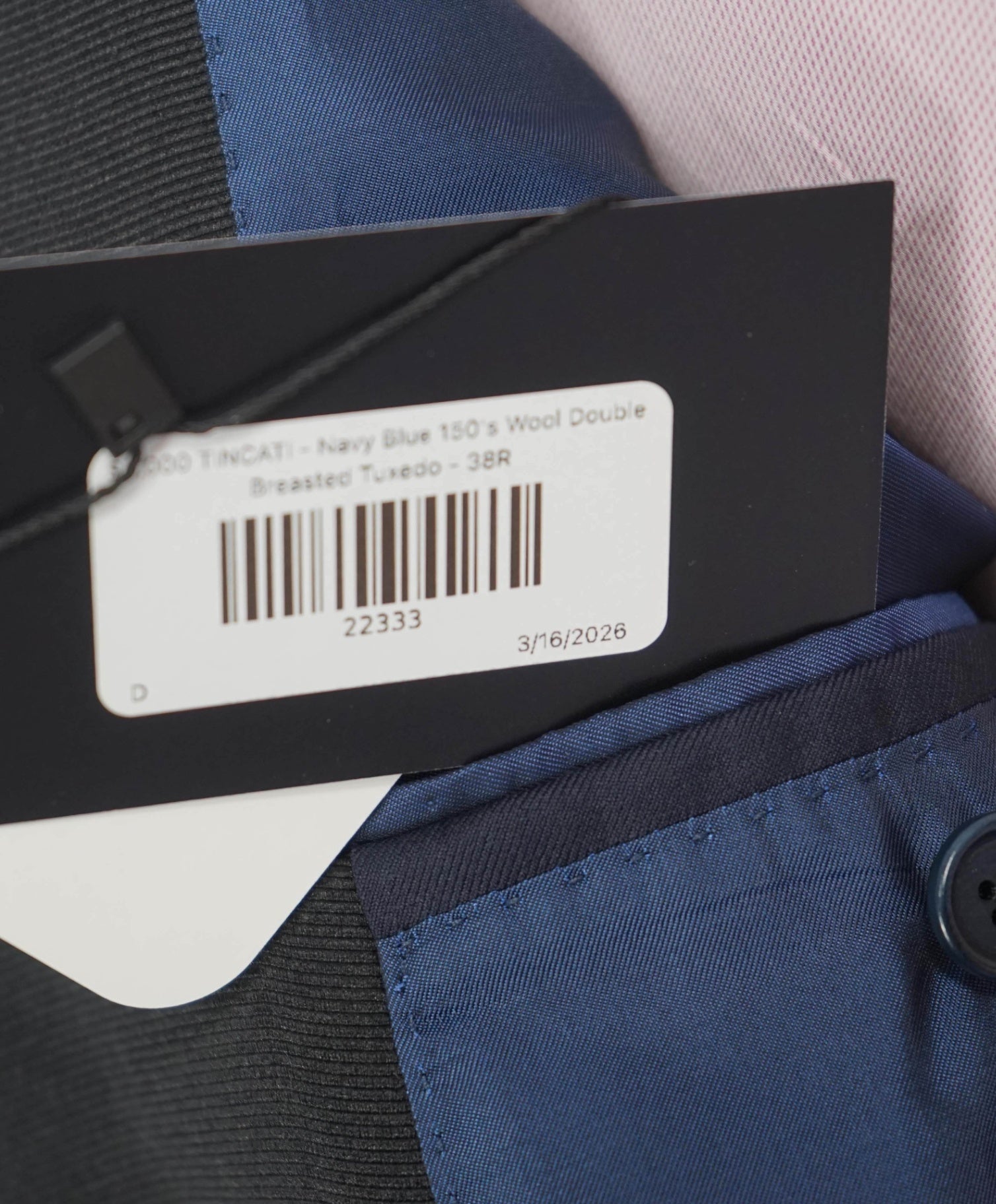 $5,000 TINCATI - Blue Canvased 150's Wool Double Breasted Tuxedo - 38R