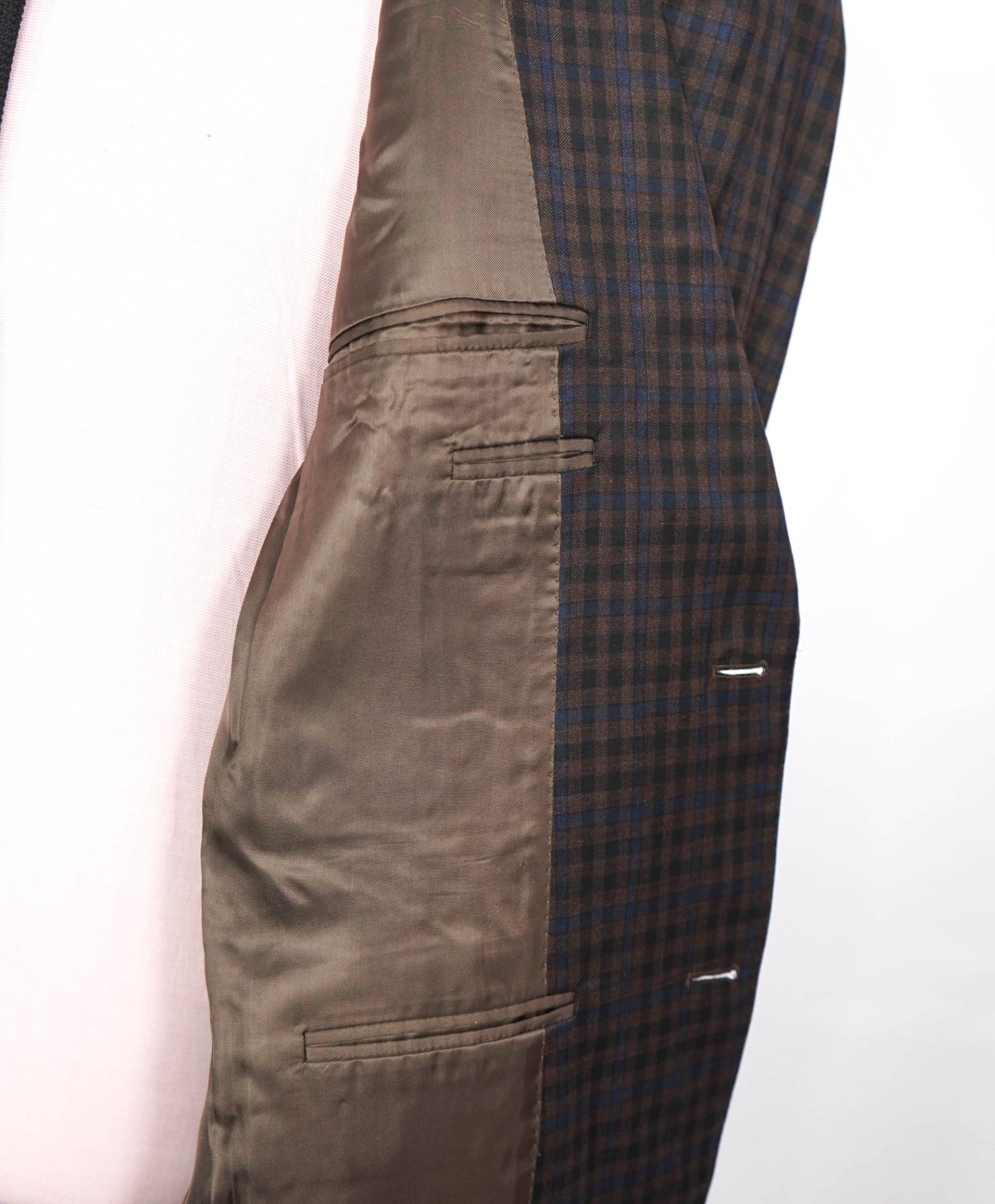 $1,895 CANALI - Brown/Navy Blue Gingham Wool Blazer - 42L