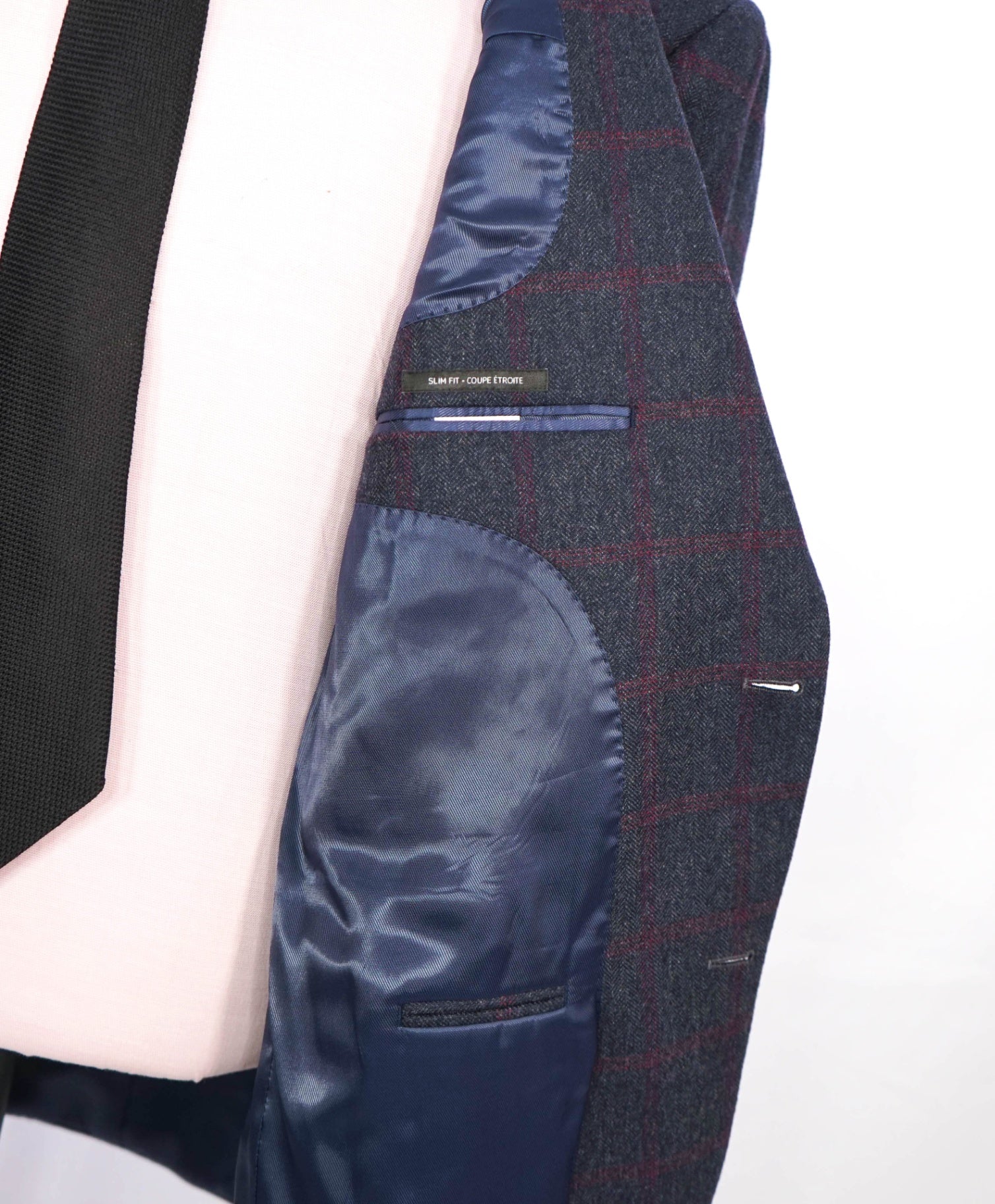 $1,295 SAKS 5TH AVE - Navy Blue/Red Plaid Cashmere Blazer - 46L