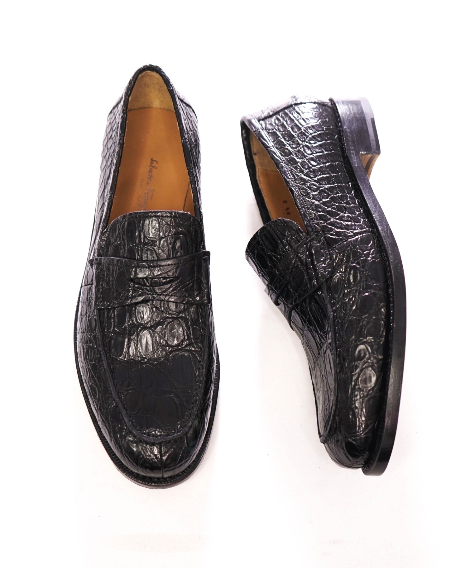 $2,100 FERRAGAMO TRAMEZZA - Black "Crocodile Skin" Loafers - 9.5 D