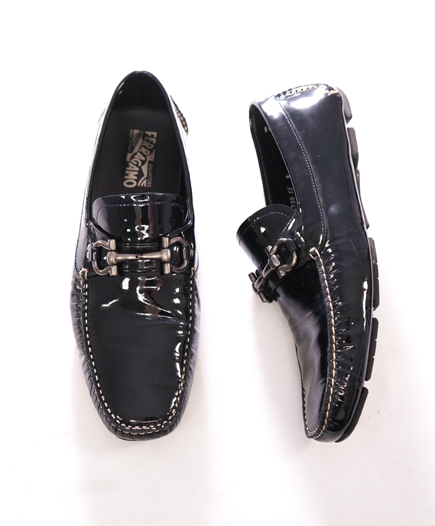 $750 FERRAGAMO - Black Patent Leather Driving Loafers - 9 EE